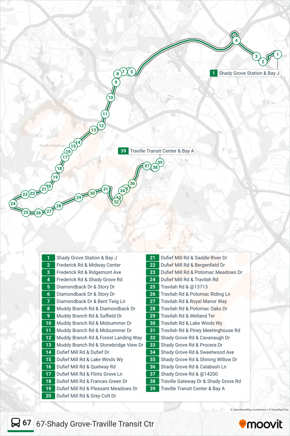 67 bus Line (Traville) route and stops on a map