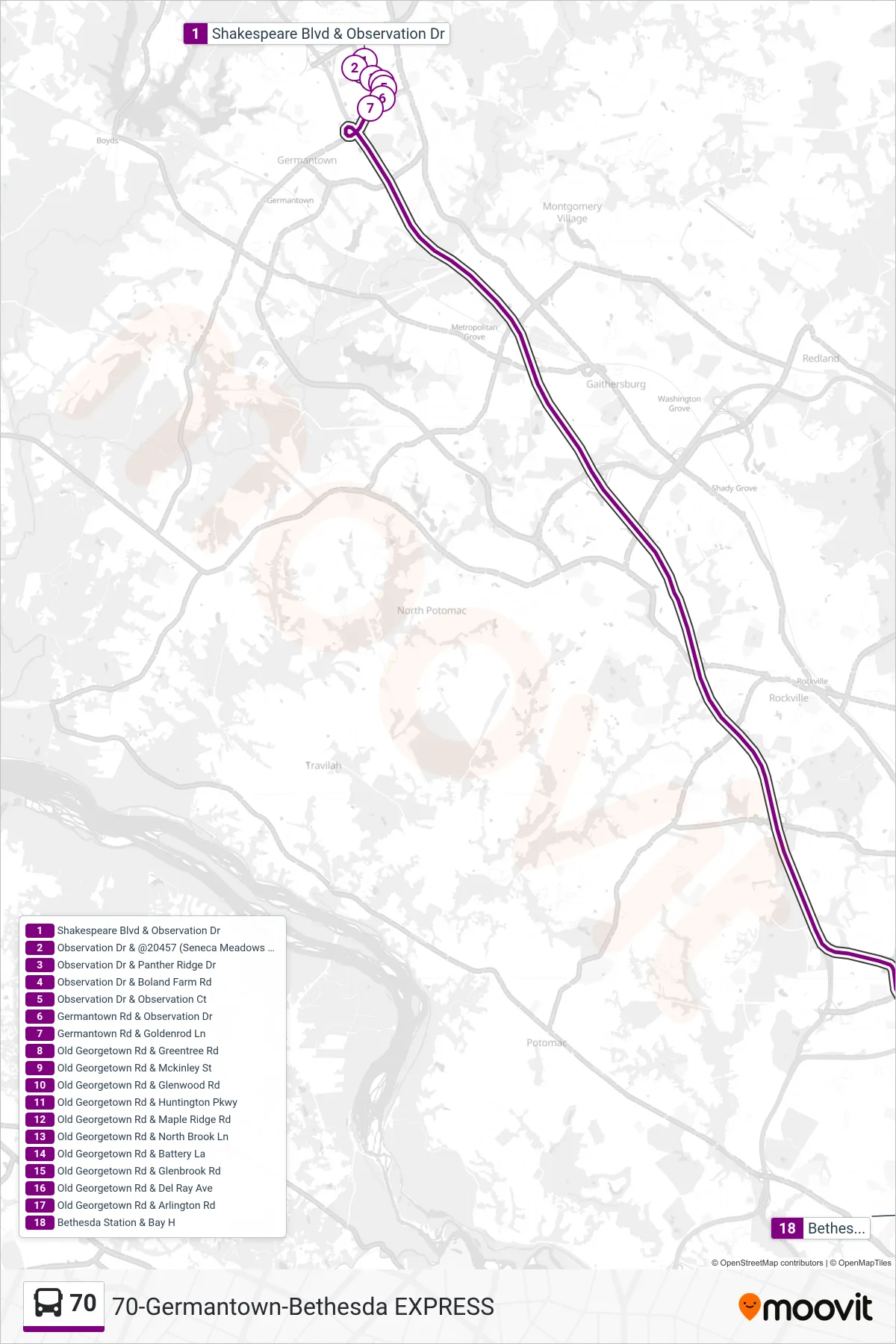 70 bus Line (Bethesda) route and stops on a map