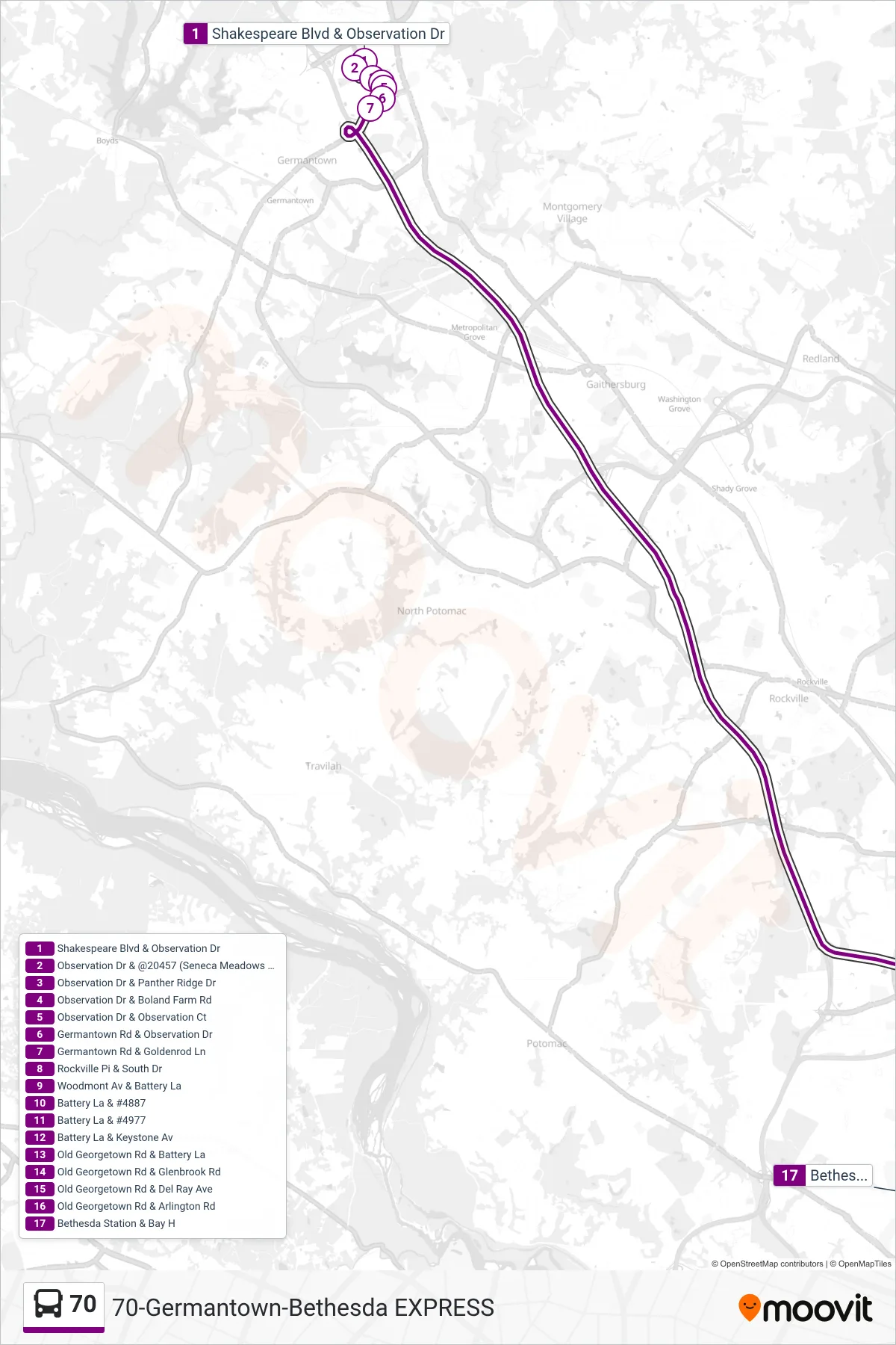 70 bus Line (Bethesda Via Medical Center) route and stops on a map
