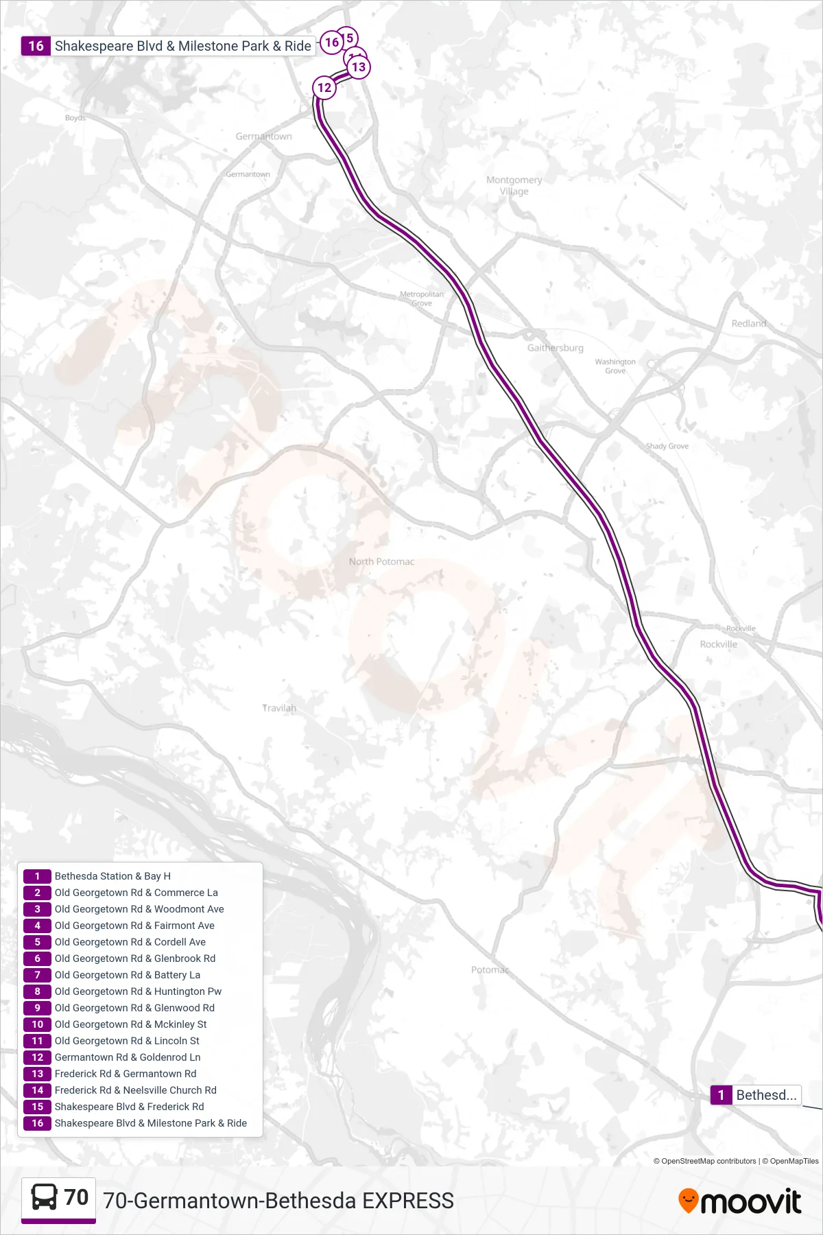 70 bus Line (Germantown Milestone) route and stops on a map