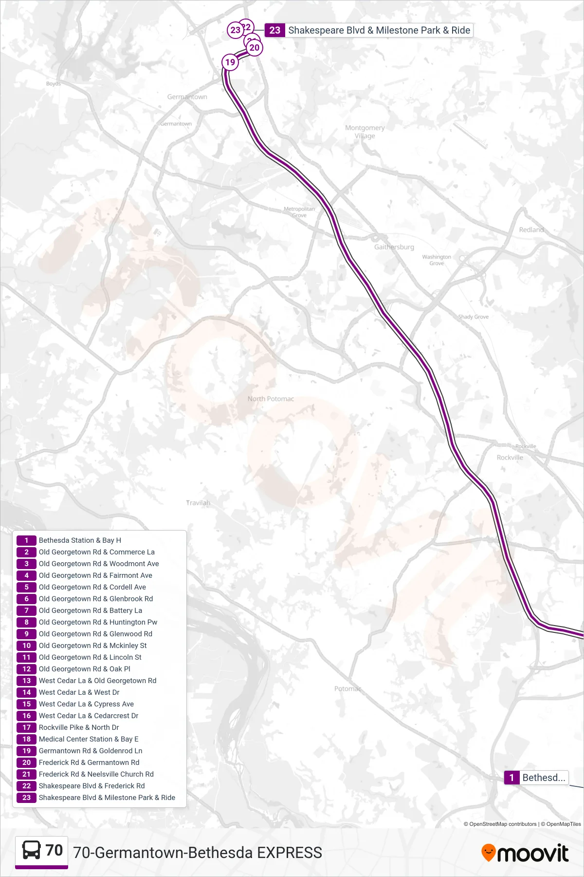 70 bus Line (Germantown Milestone Via Medical Center) route and stops on a map