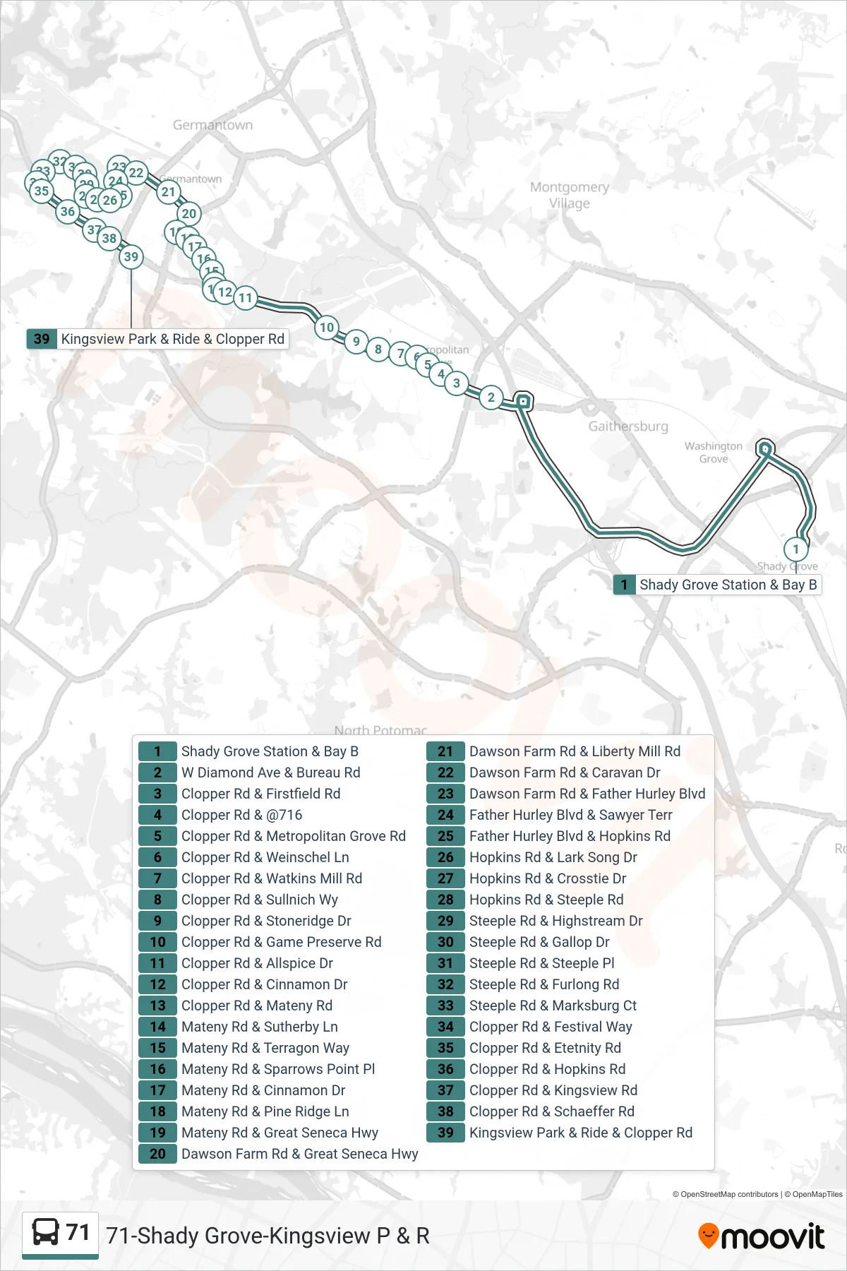 71 bus Line (Kingsview) route and stops on a map