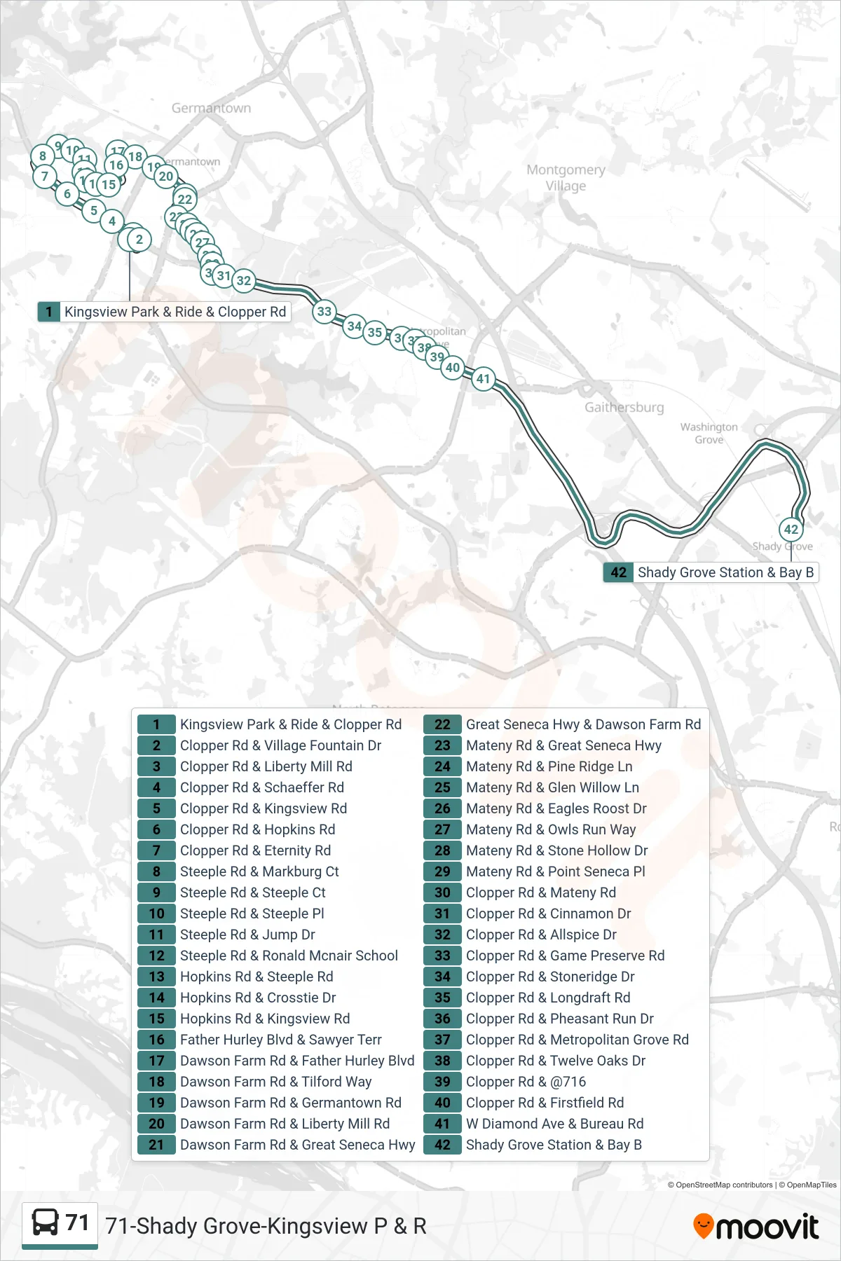 71 bus Line (Shady Grove) route and stops on a map