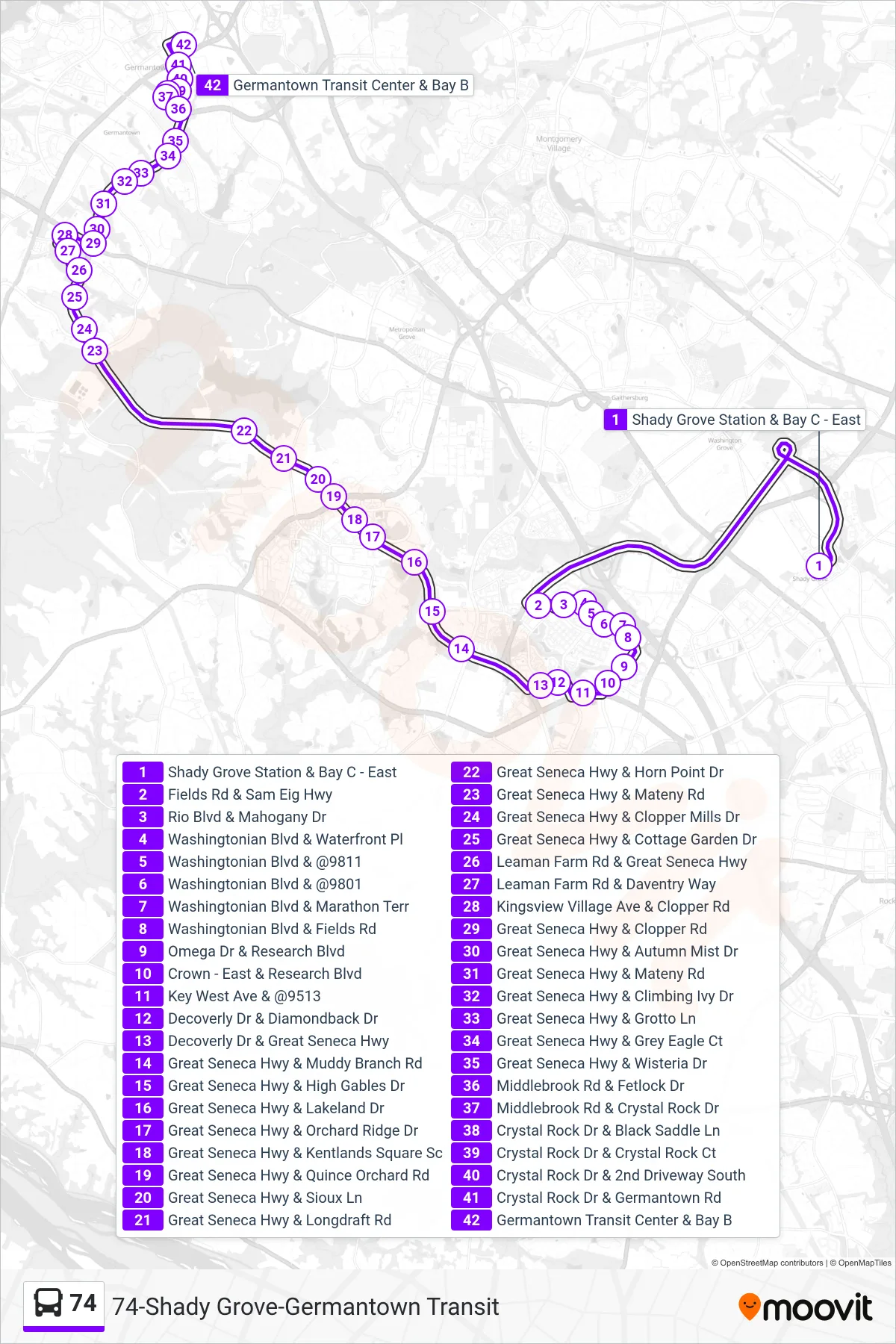 74 bus Line (Germantown Trans Cntr) route and stops on a map