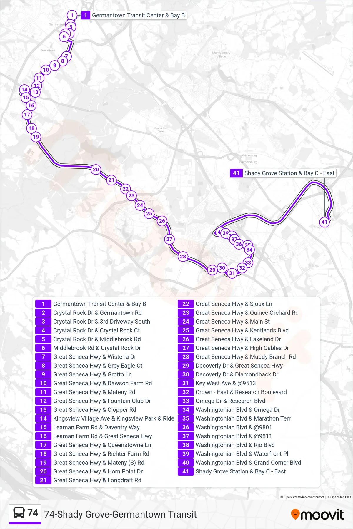 74 bus Line (Shady Grove) route and stops on a map