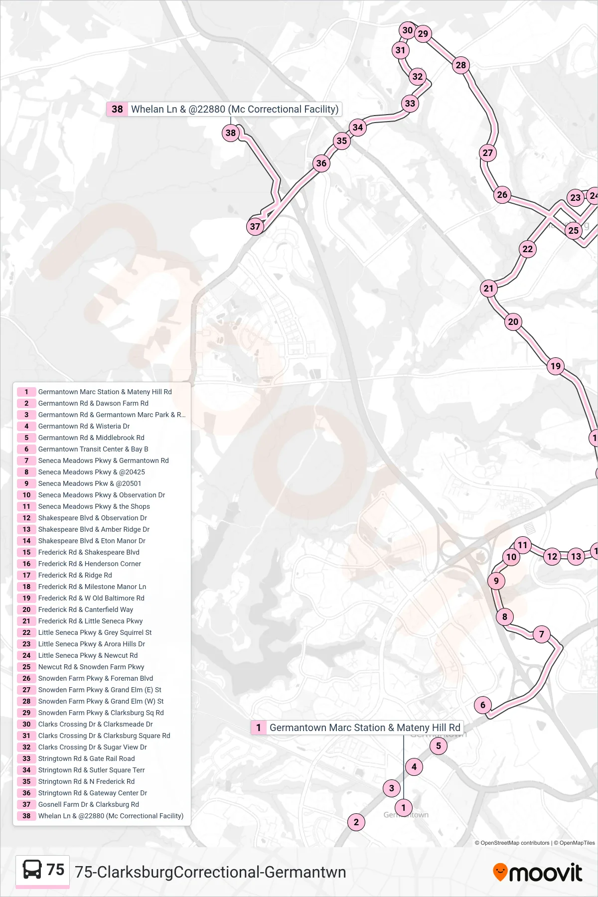 75 bus Line (Clarksburg M. C. C. F.) route and stops on a map