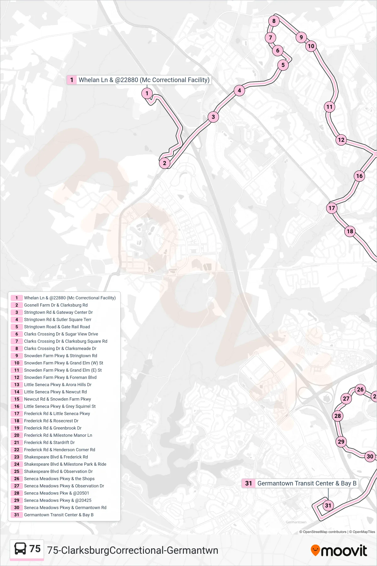 75 bus Line (Germantown Trans Cntr) route and stops on a map