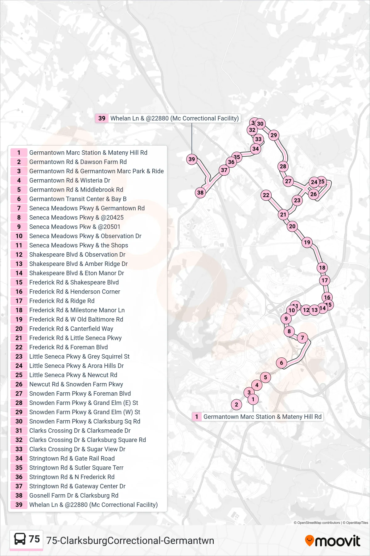 75 bus Line (Clarksburg M. C. C. F. Via Hs) route and stops on a map