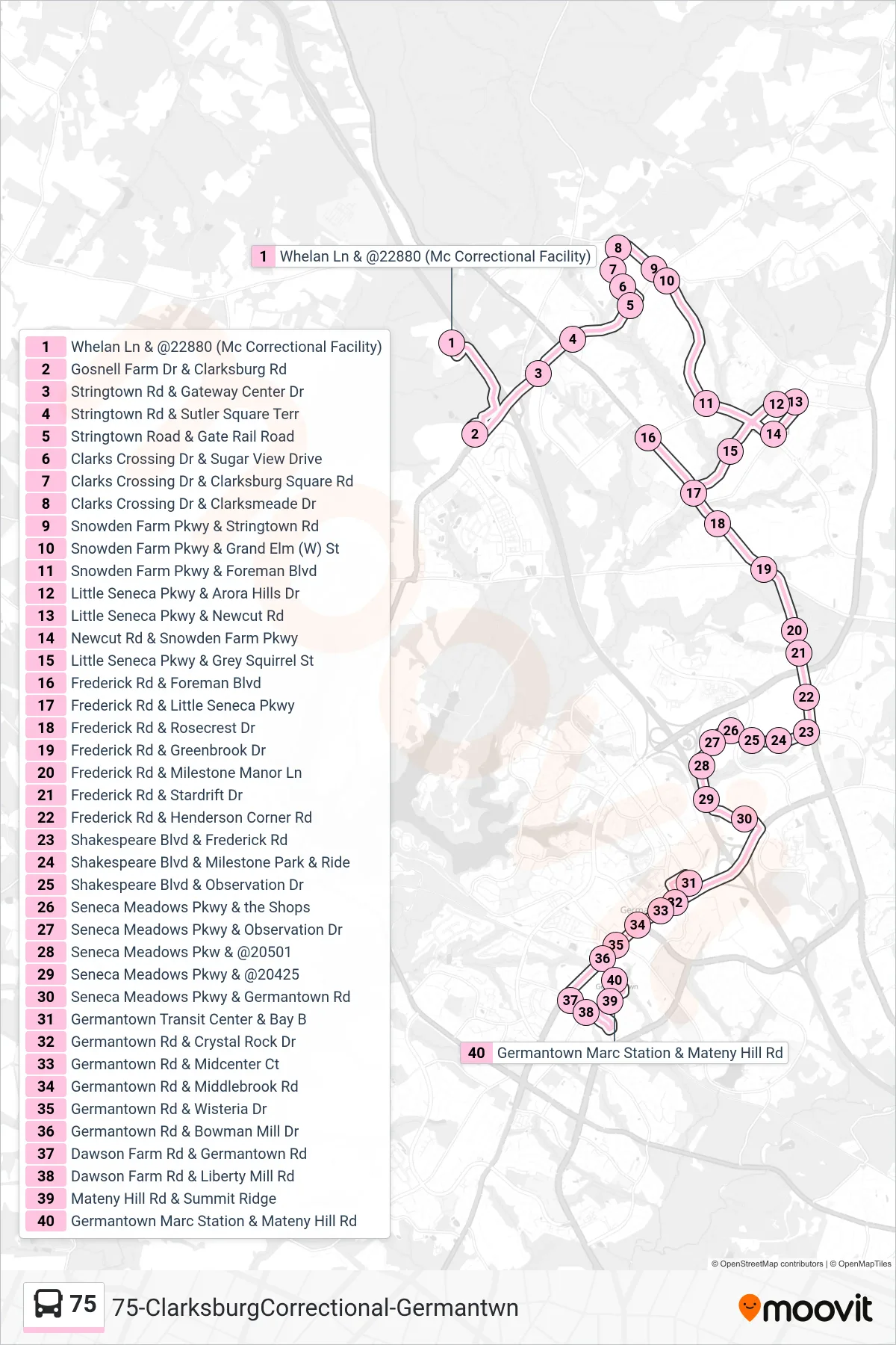 75 bus Line (Marc Station Via Clarksburg Hs) route and stops on a map