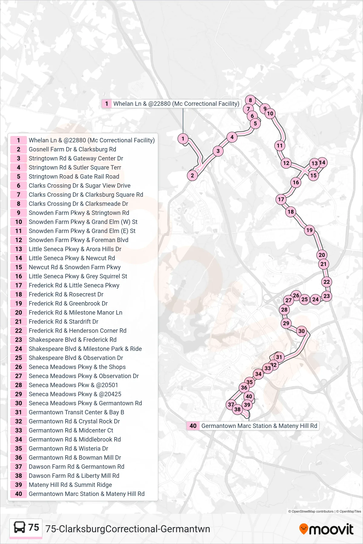 75 bus Line (Marc Station) route and stops on a map