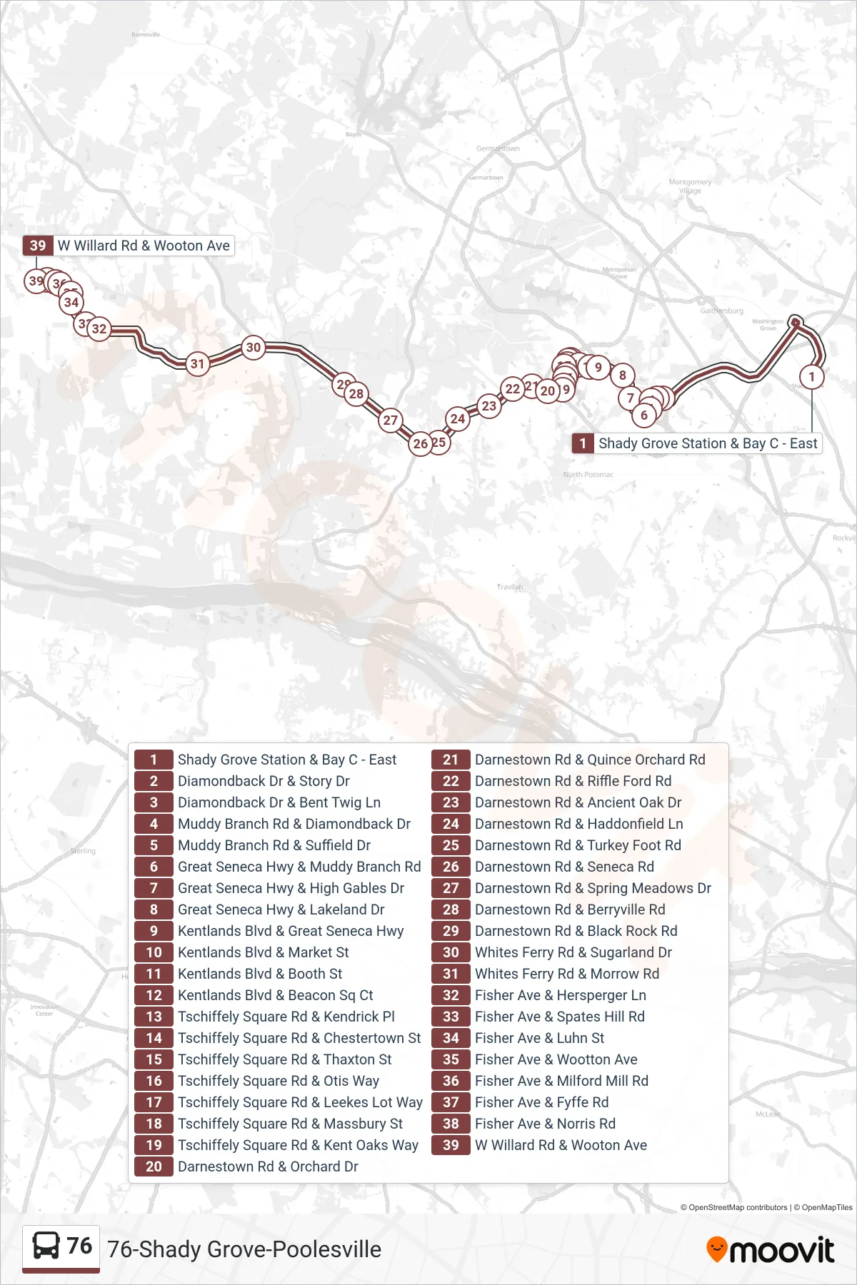 76 bus Line (Poolesville) route and stops on a map