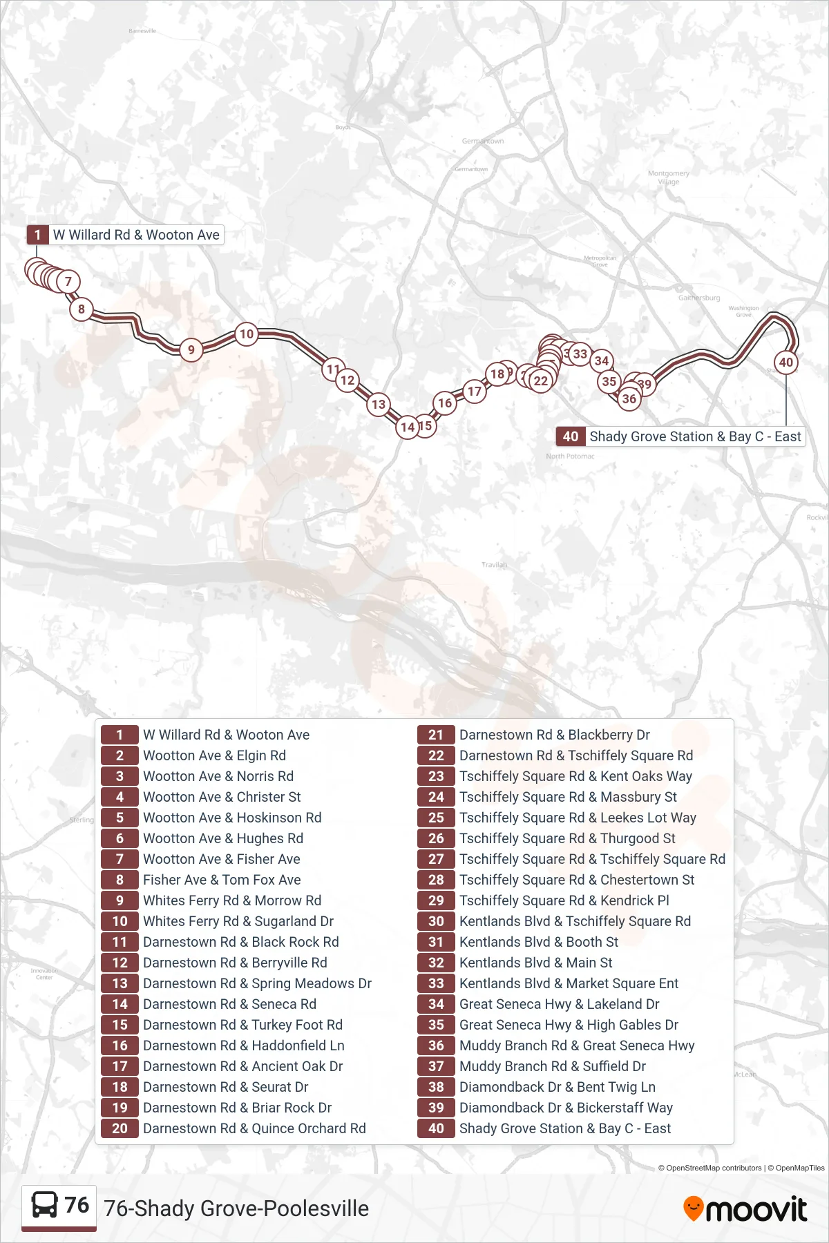 76 bus Line (Shady Grove) route and stops on a map