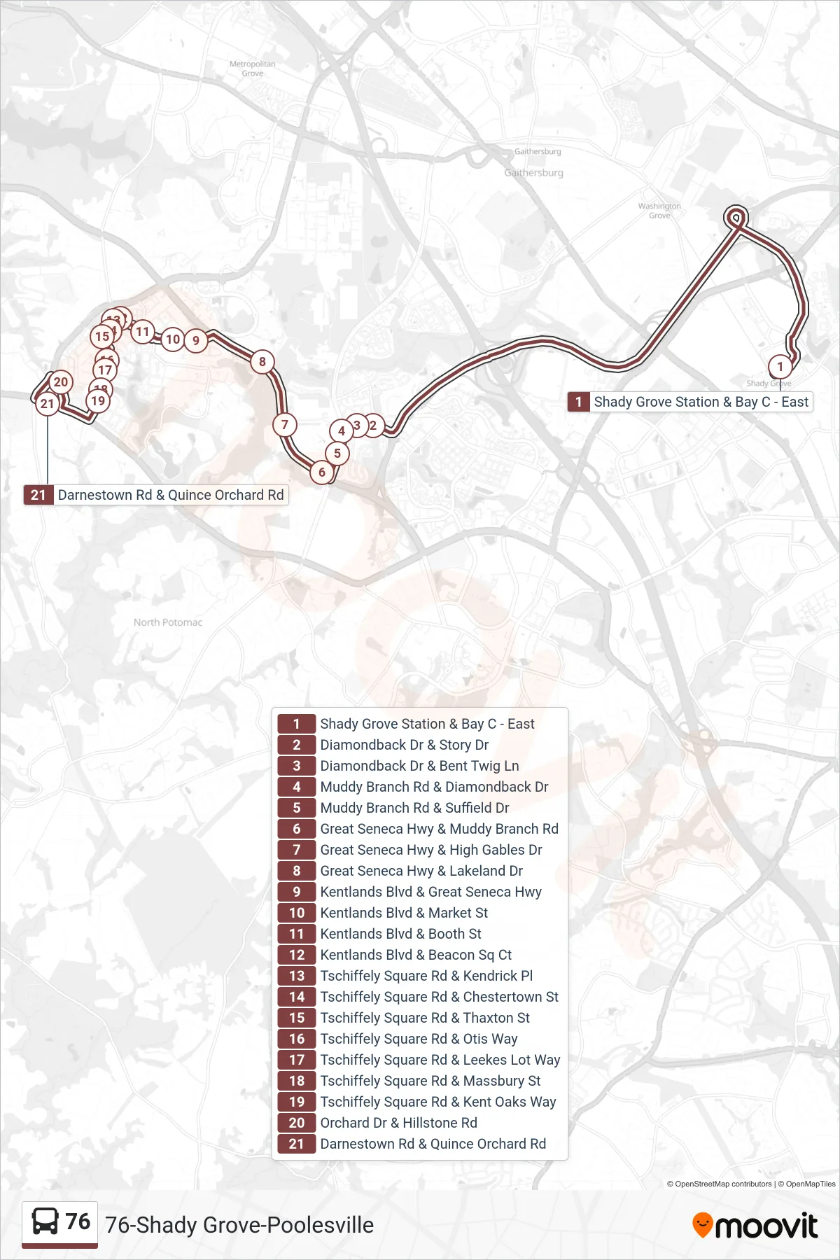 76 bus Line (Darnestown & Quince Orchard Rd) route and stops on a map