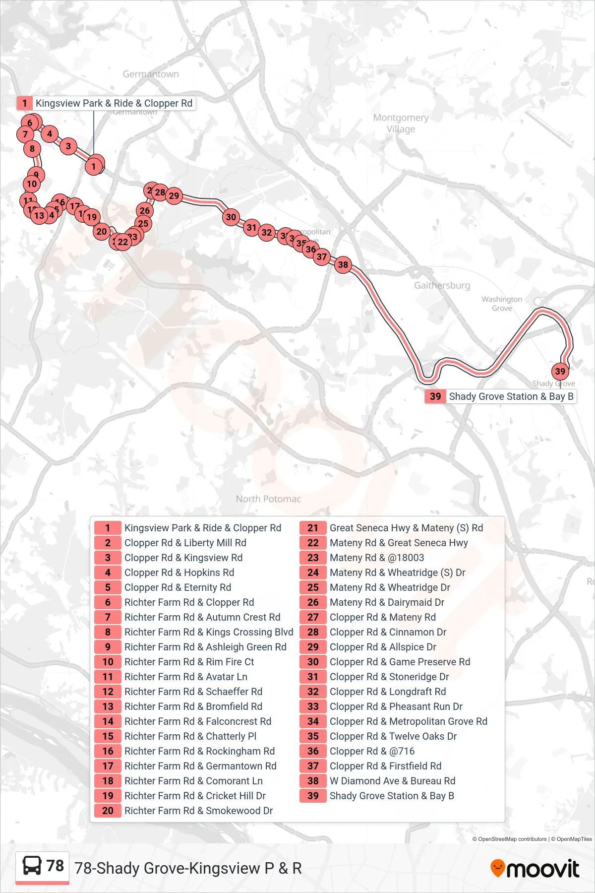 78 bus Line (Shady Grove) route and stops on a map
