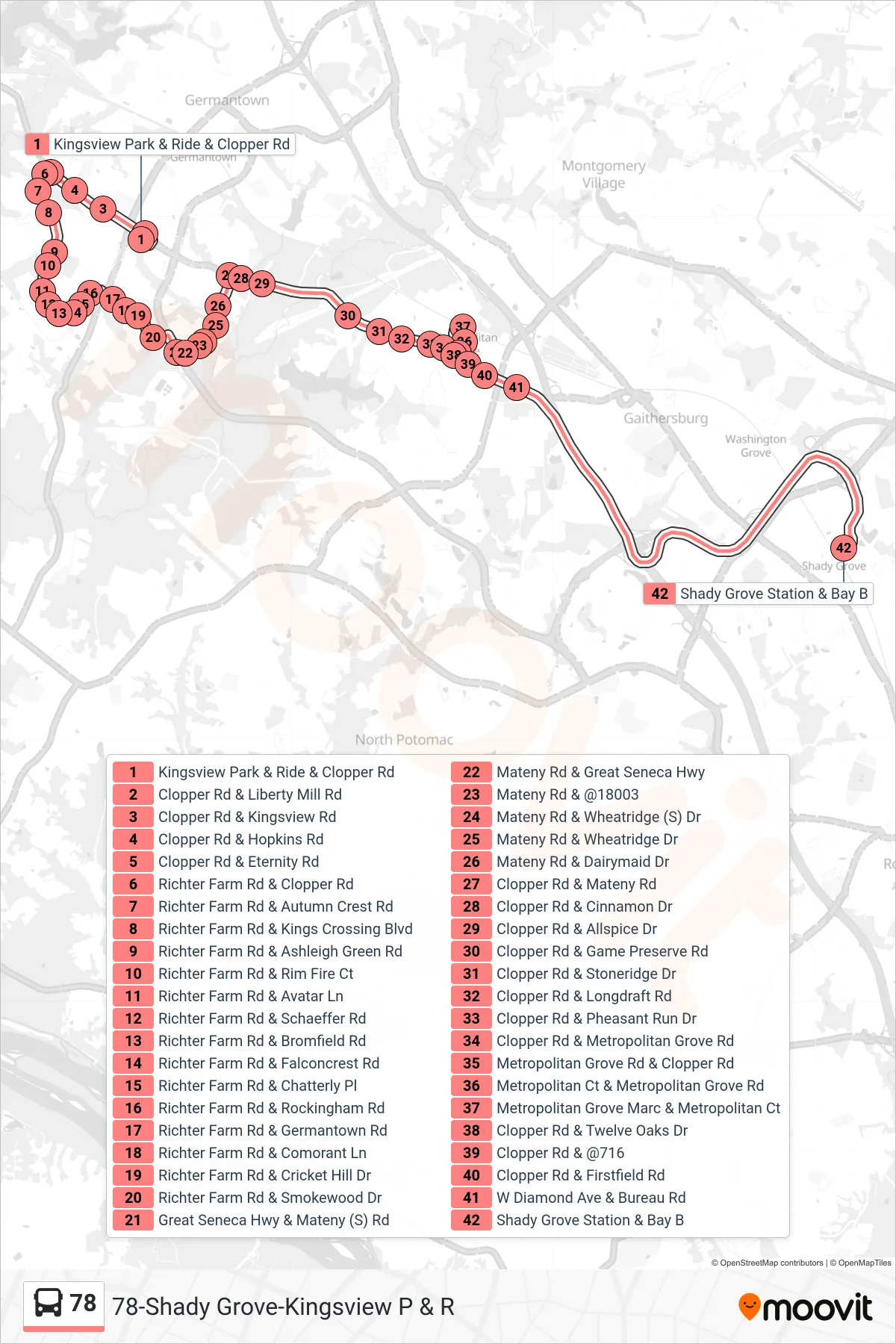 78 bus Line (Shady Grove Via Metropolitan Grove) route and stops on a map