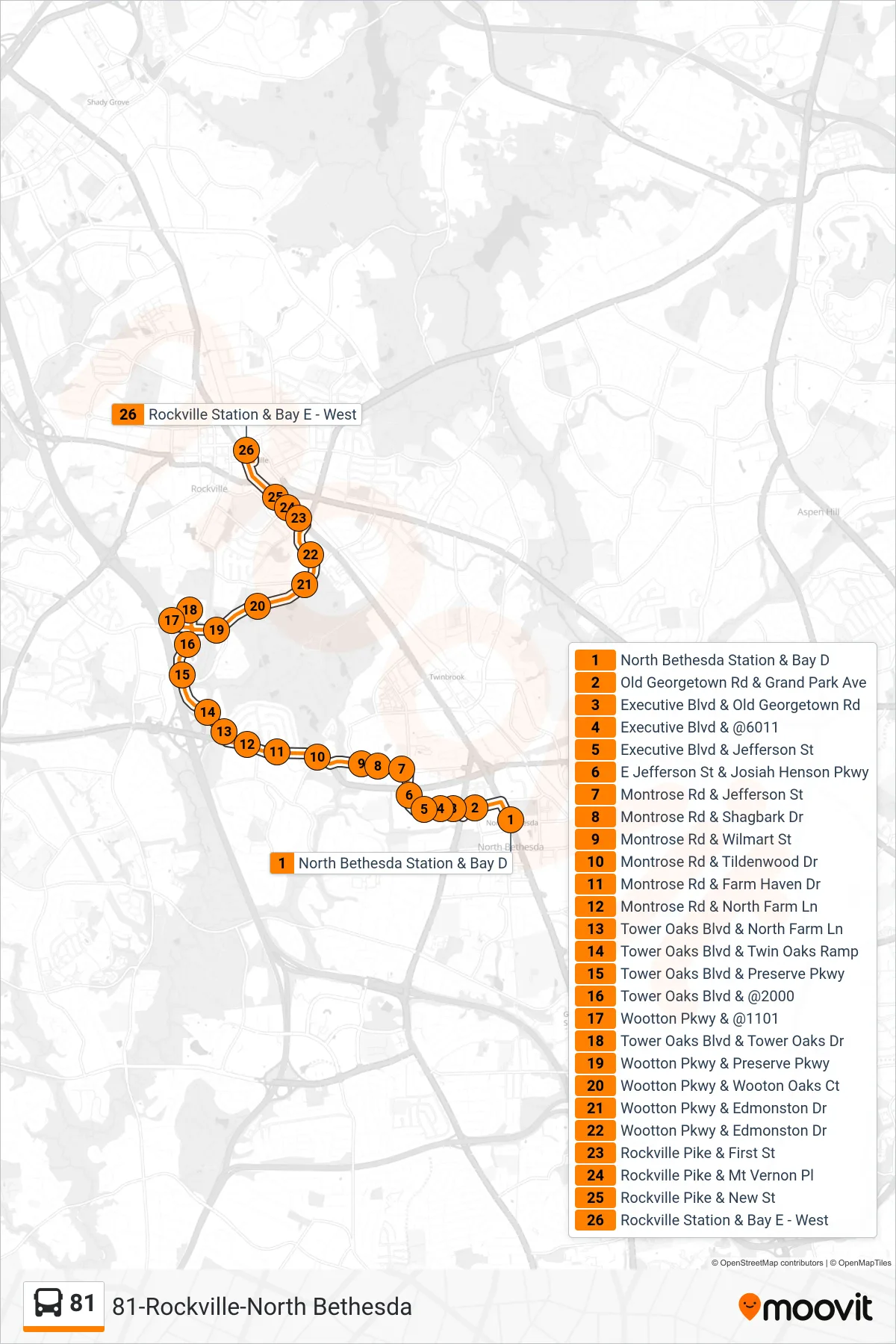 81 bus Line (Rockville Tower) route and stops on a map