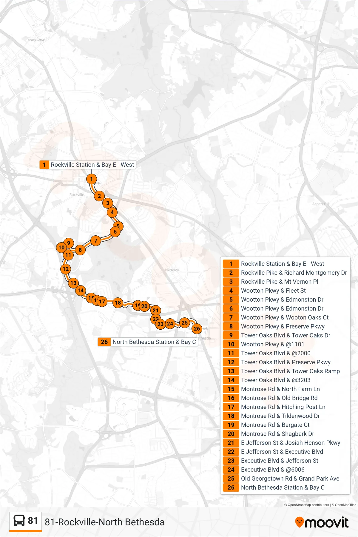 81 bus Line (North Bethesda) route and stops on a map