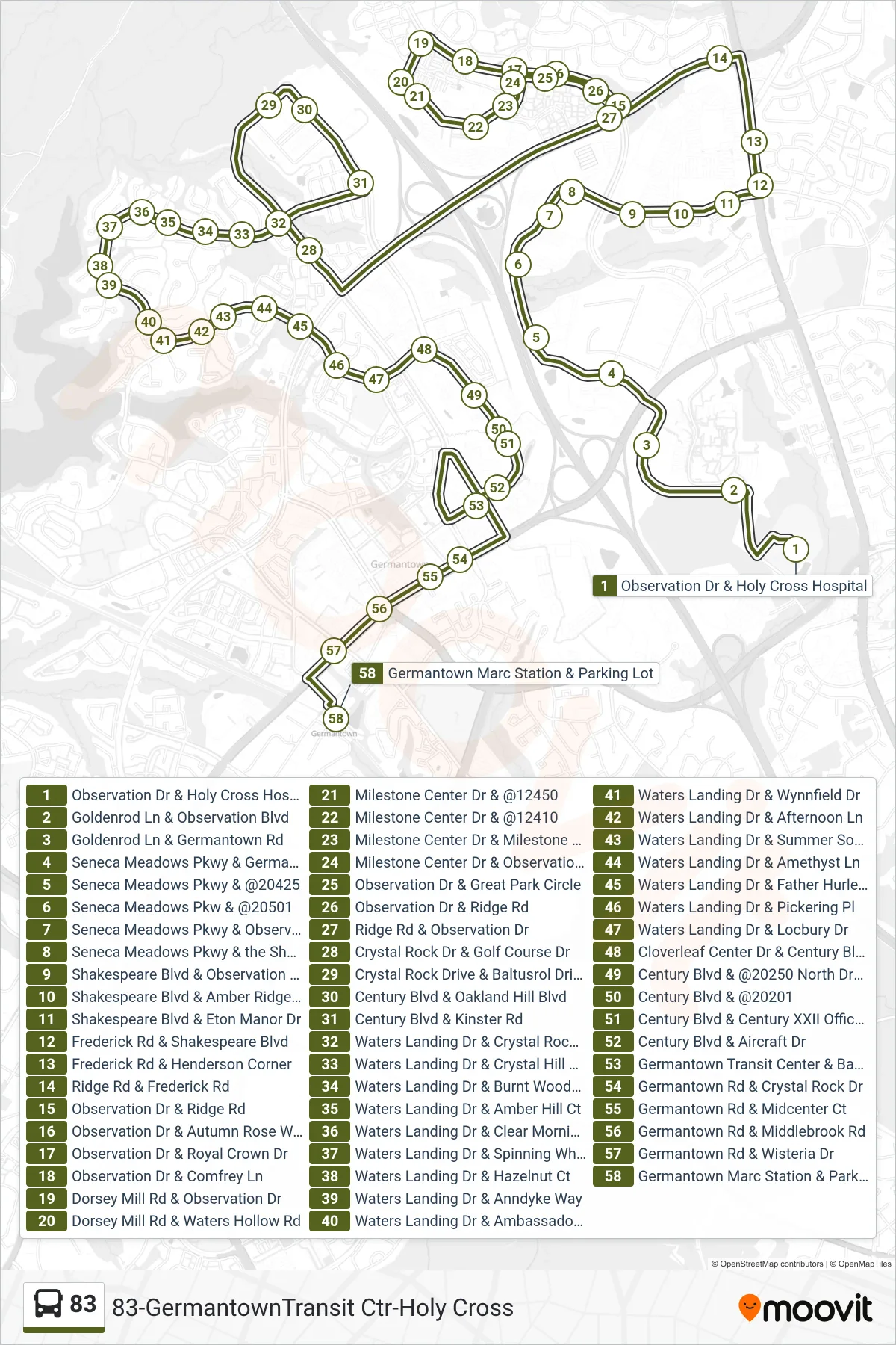83 bus Line (Marc Station) route and stops on a map