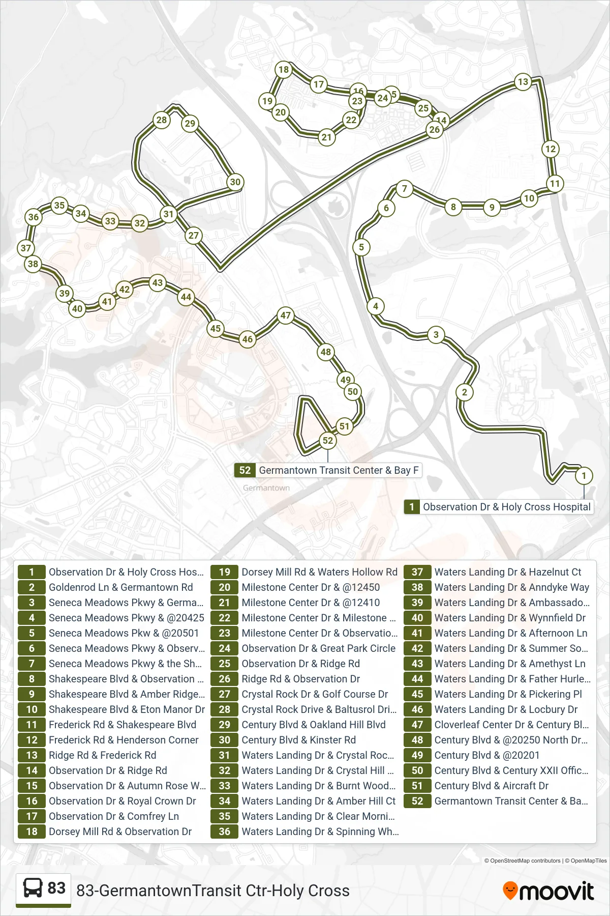 83 bus Line (Germantown Trans Cntr) route and stops on a map