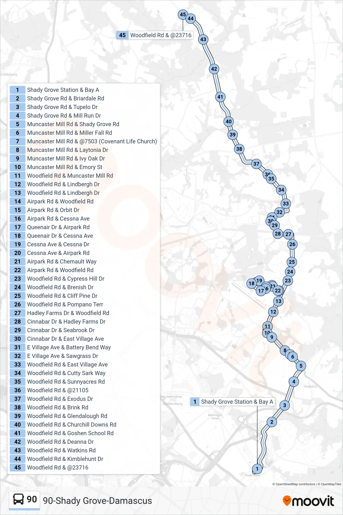 90 bus Line (Damascus) route and stops on a map