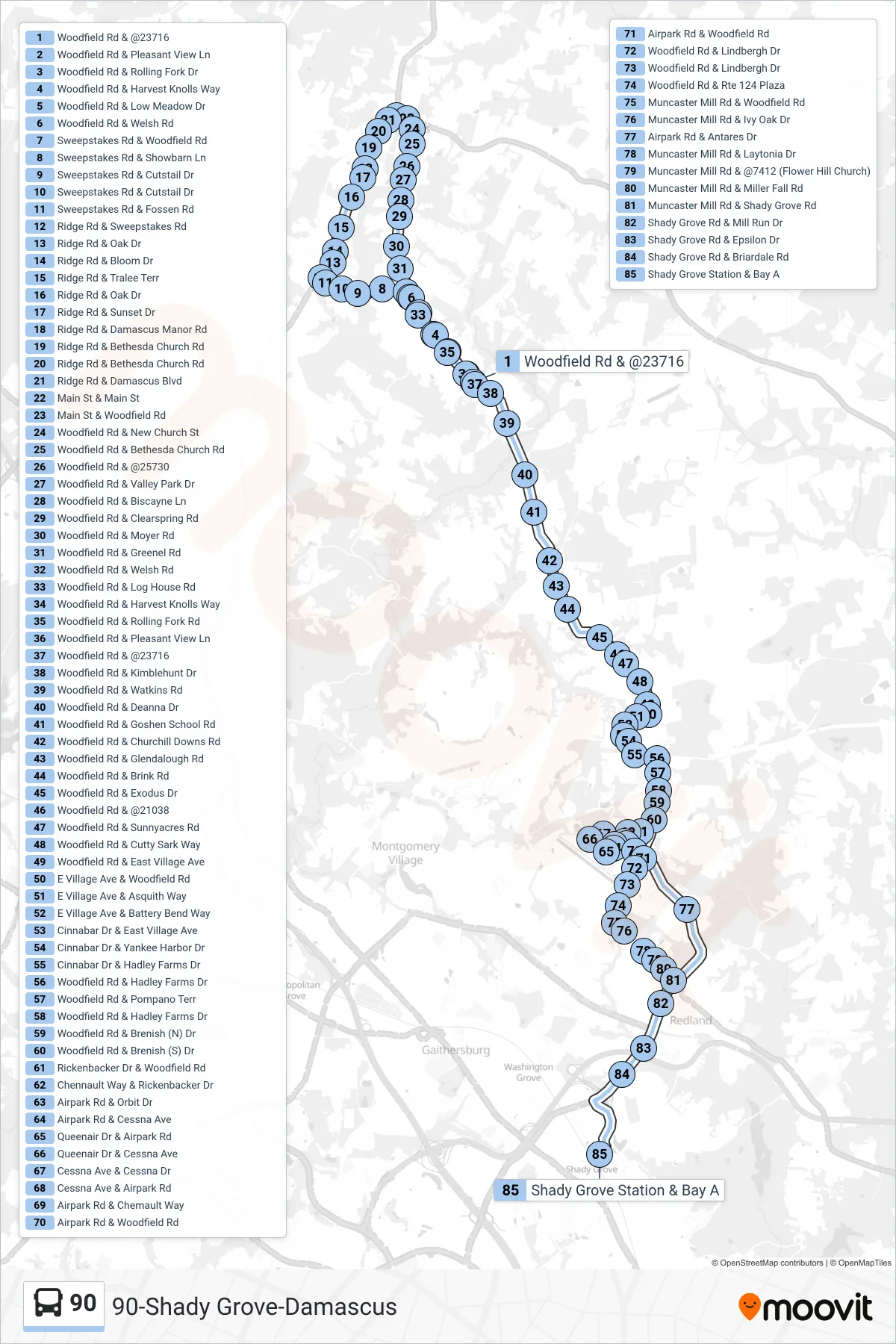 90 bus Line (Shady Grove) route and stops on a map