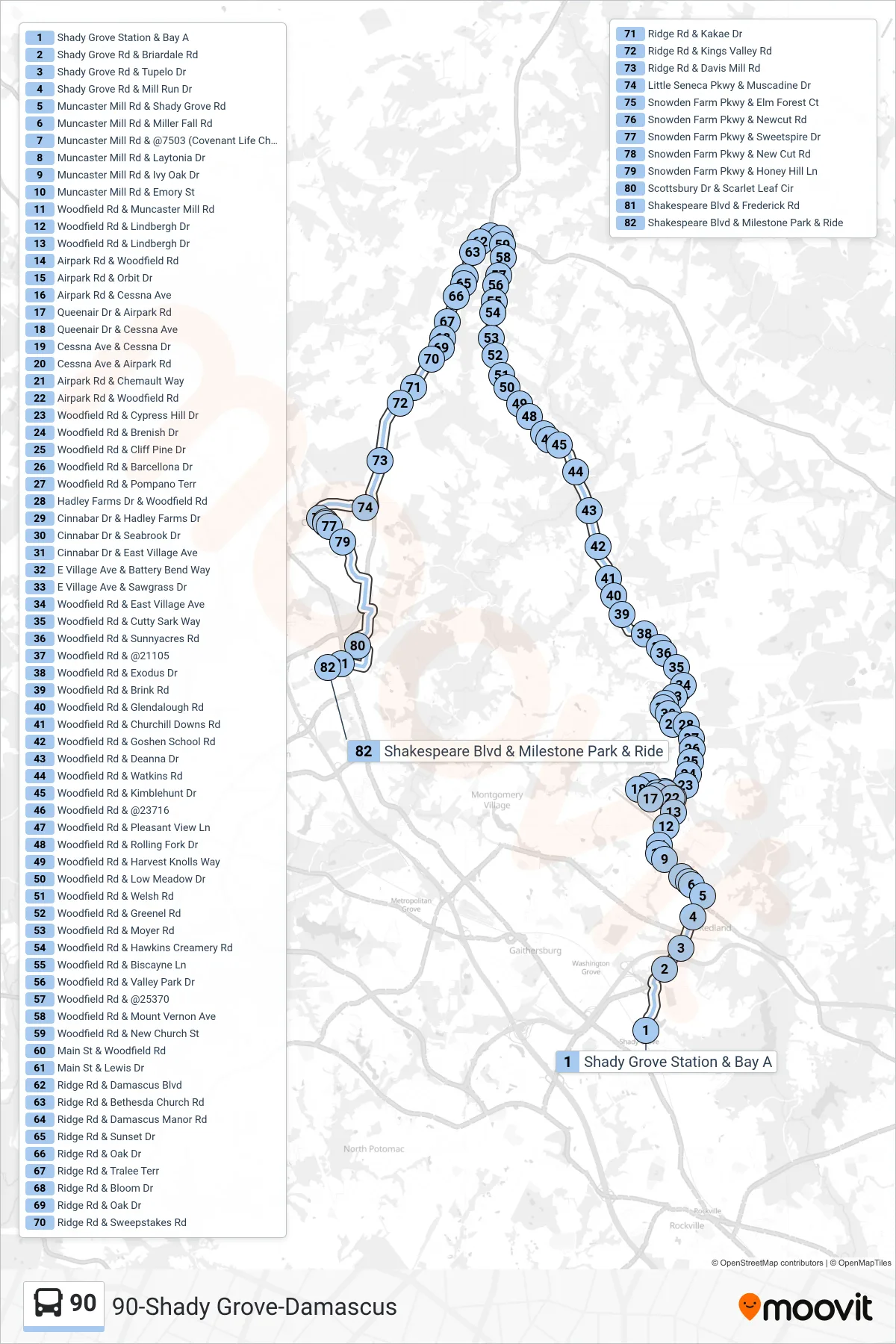 90 bus Line (Milestone Via Damascus) route and stops on a map