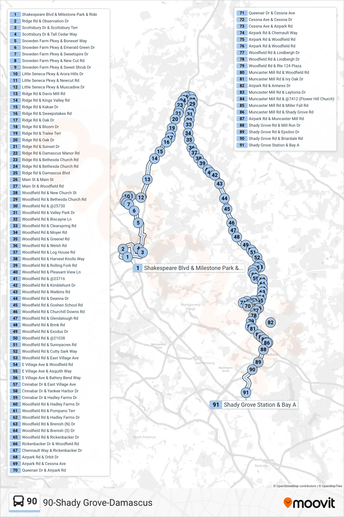 90 bus Line (Shady Grove Via Damascus) route and stops on a map