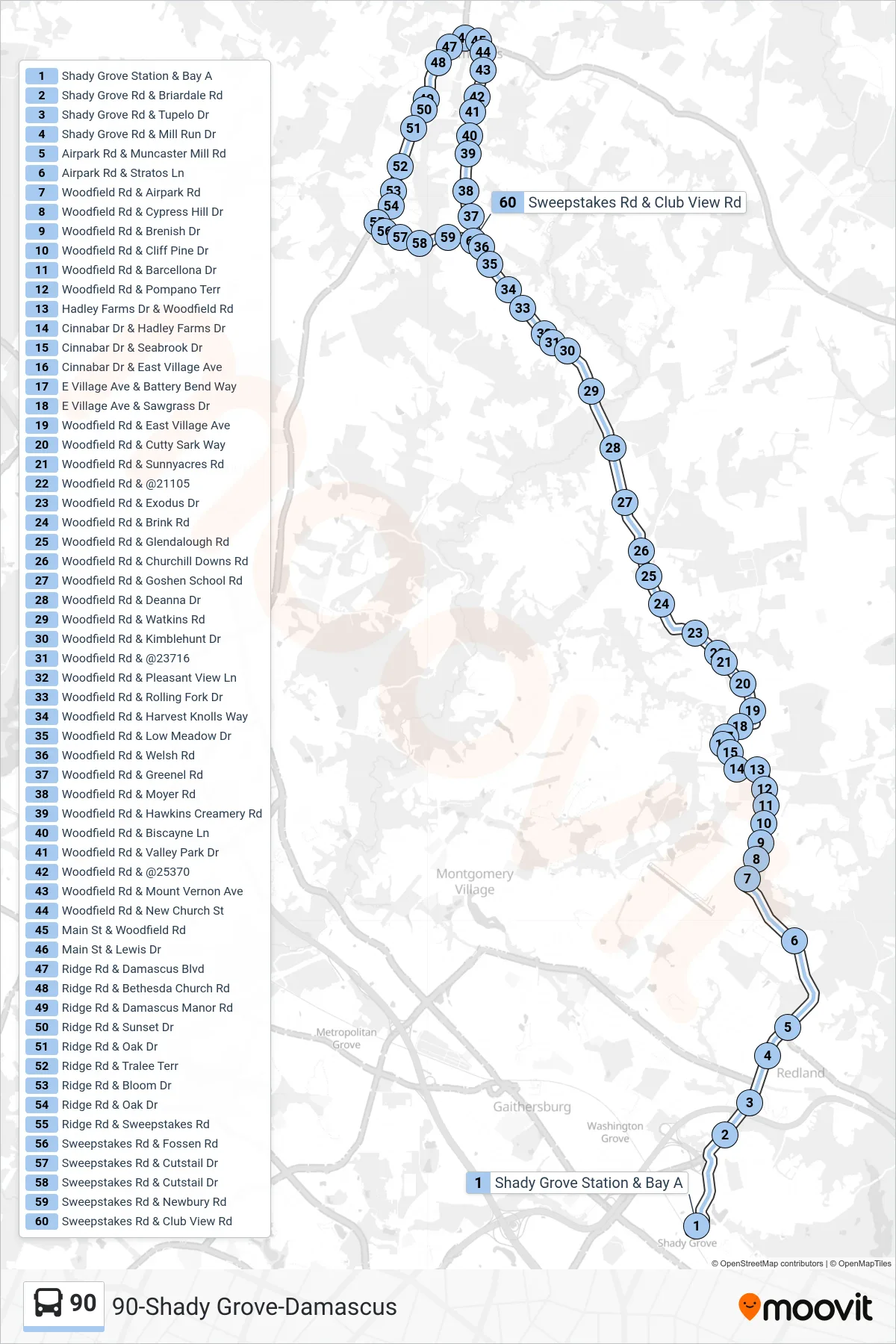 90 bus Line (Damascus Via Airpark) route and stops on a map