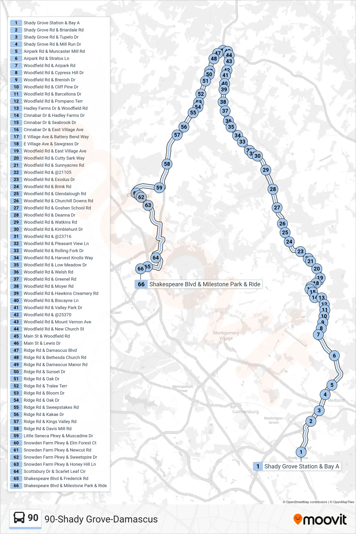 90 bus Line (Milestone Via Damascus & Airpark) route and stops on a map