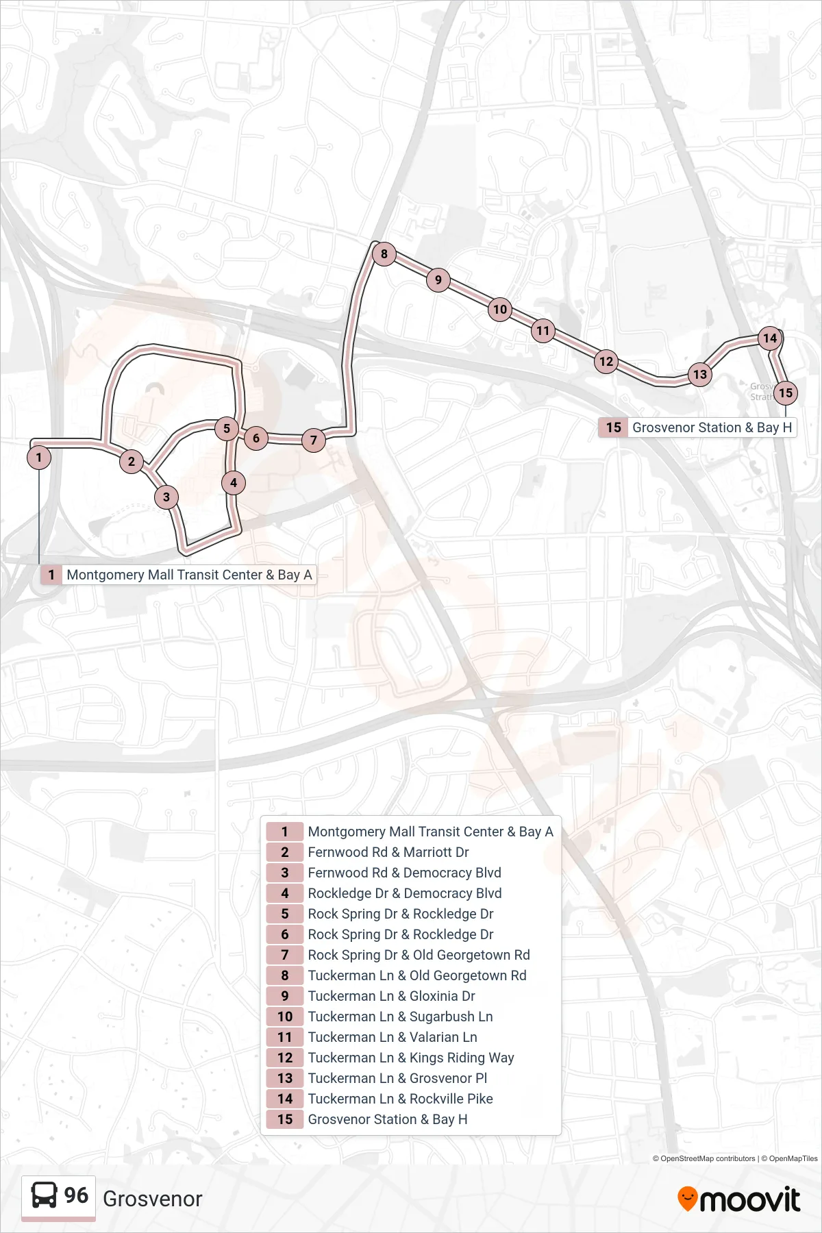 96 bus Line (Grosvenor) route and stops on a map