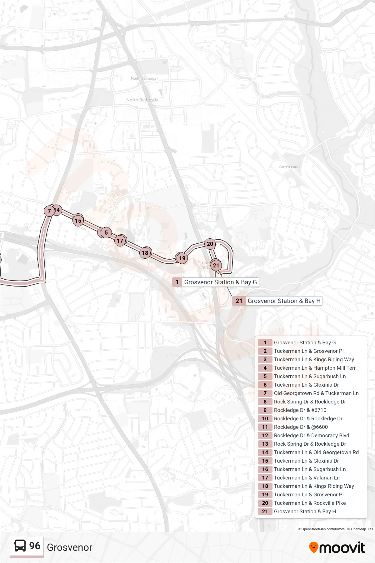 96 bus Line (Grosvenor) route and stops on a map