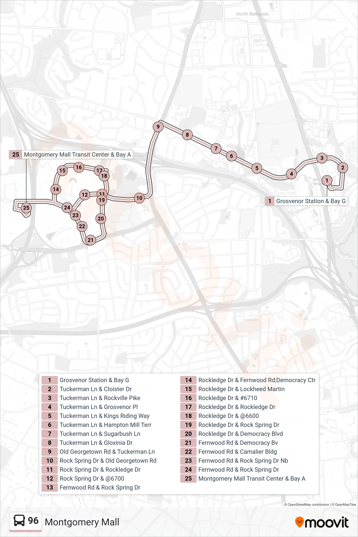 96 bus Line (Montgomery Mall) route and stops on a map