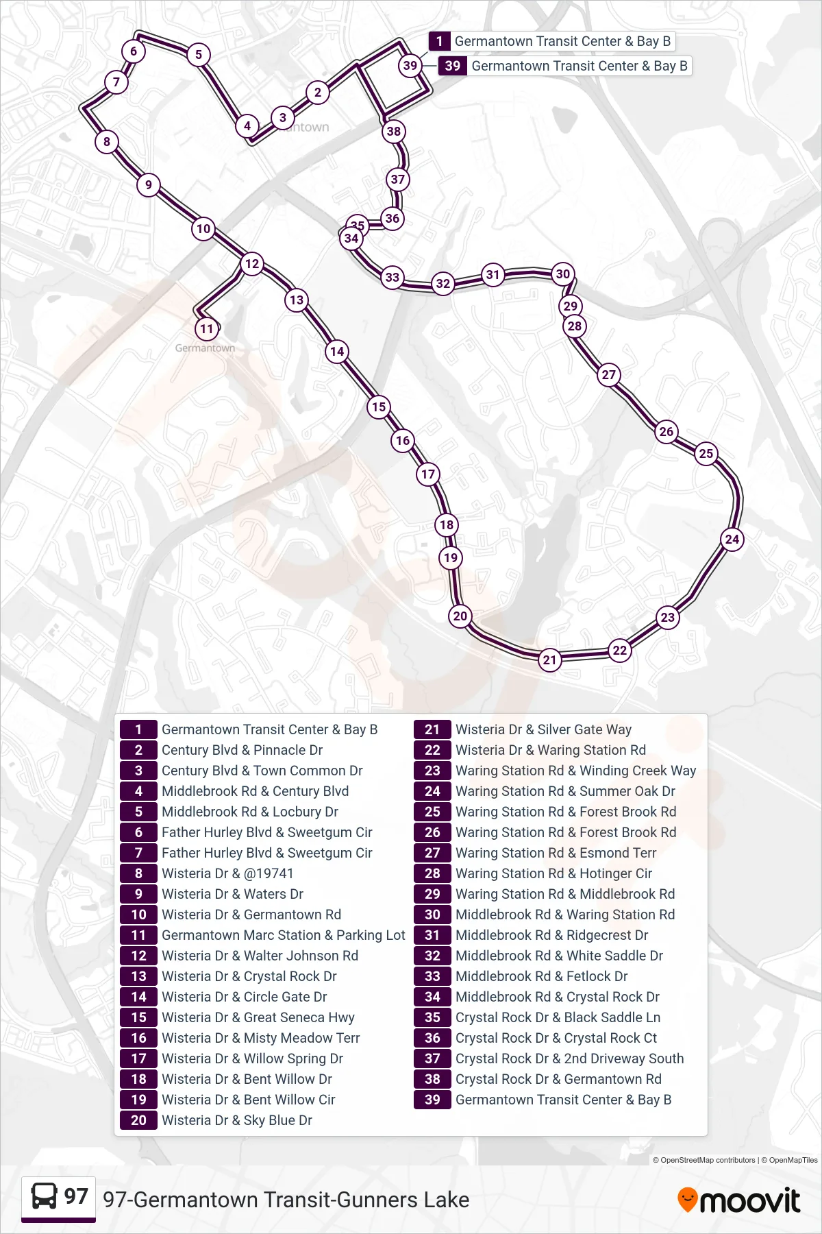 97 bus Line (Germantown Transit Via Marc) route and stops on a map