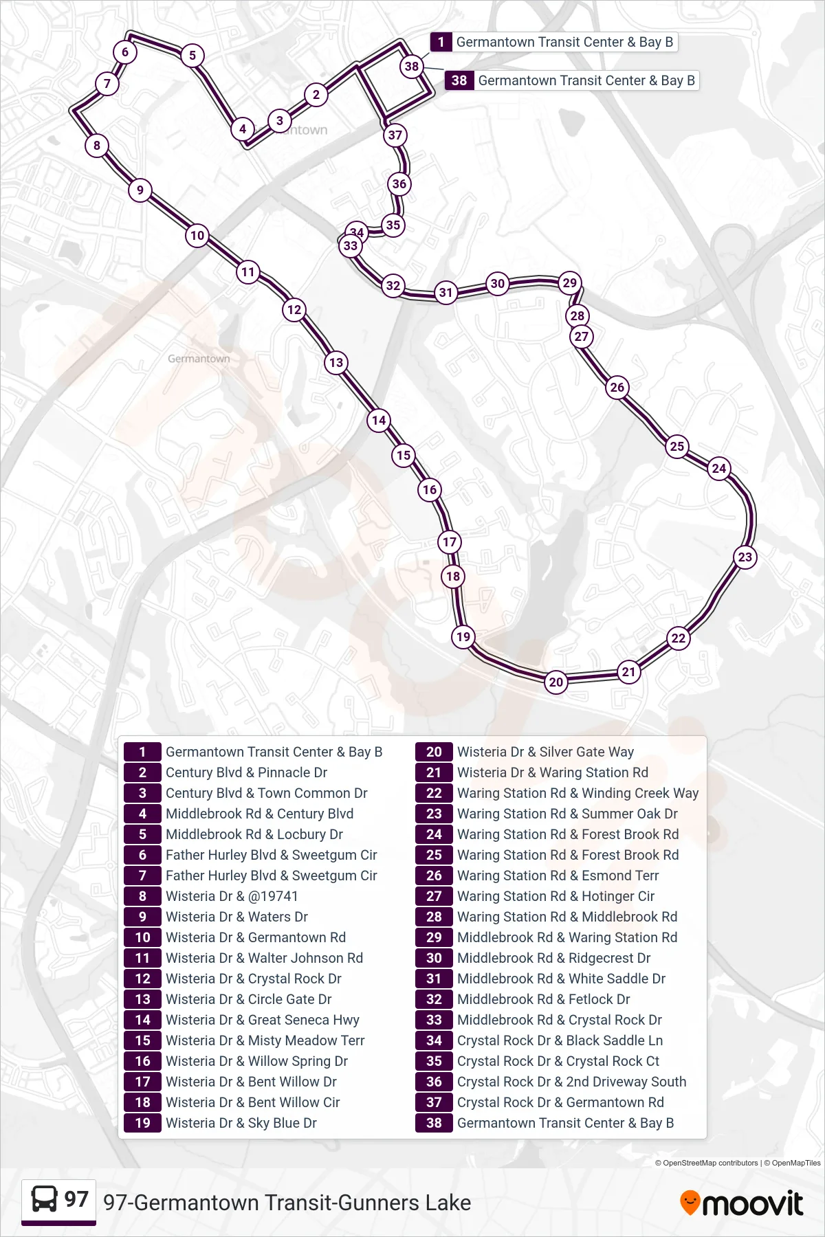 97 bus Line (Germantown Loop) route and stops on a map
