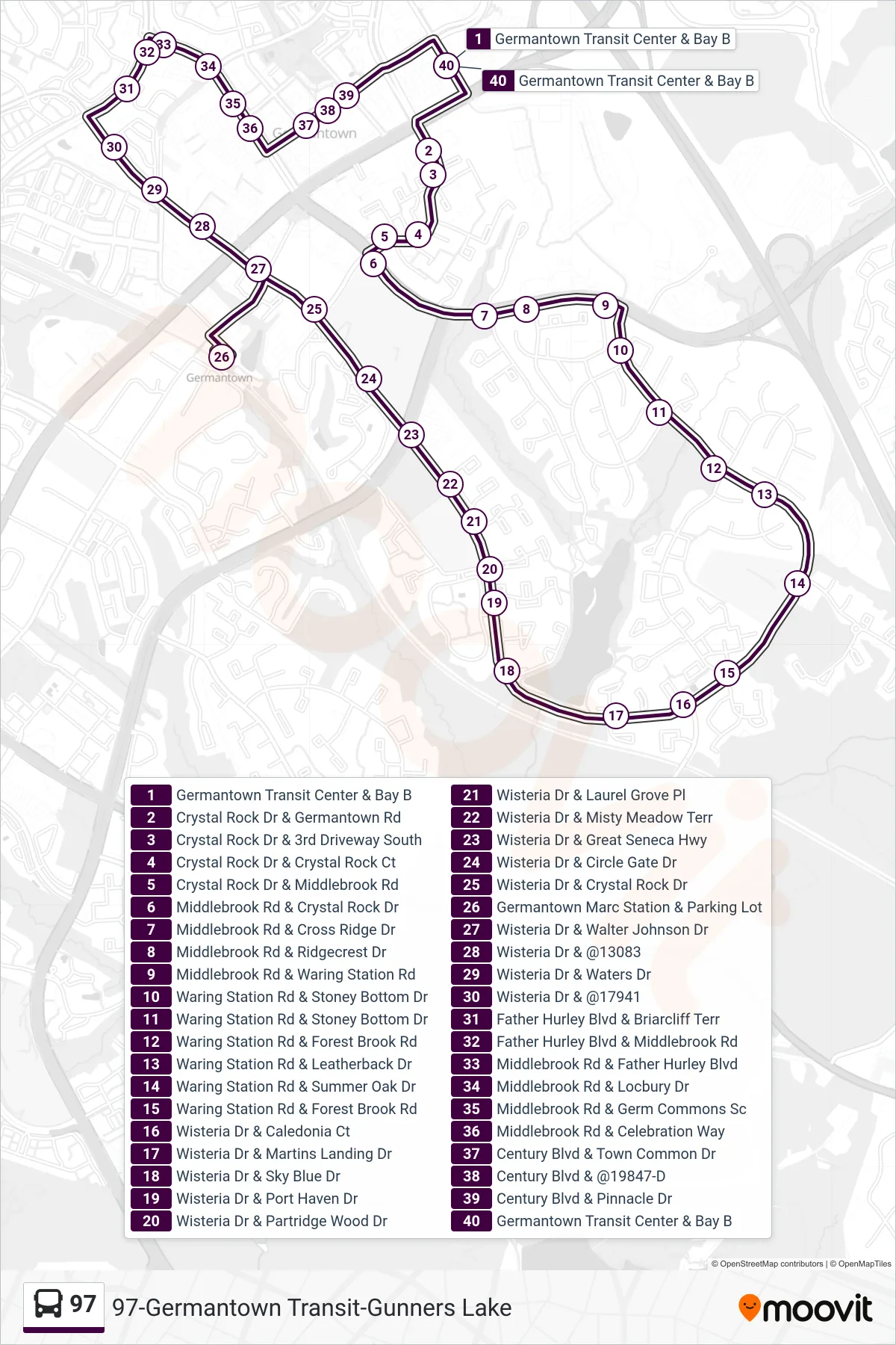 97 bus Line (Germantown Transit Via Marc) route and stops on a map