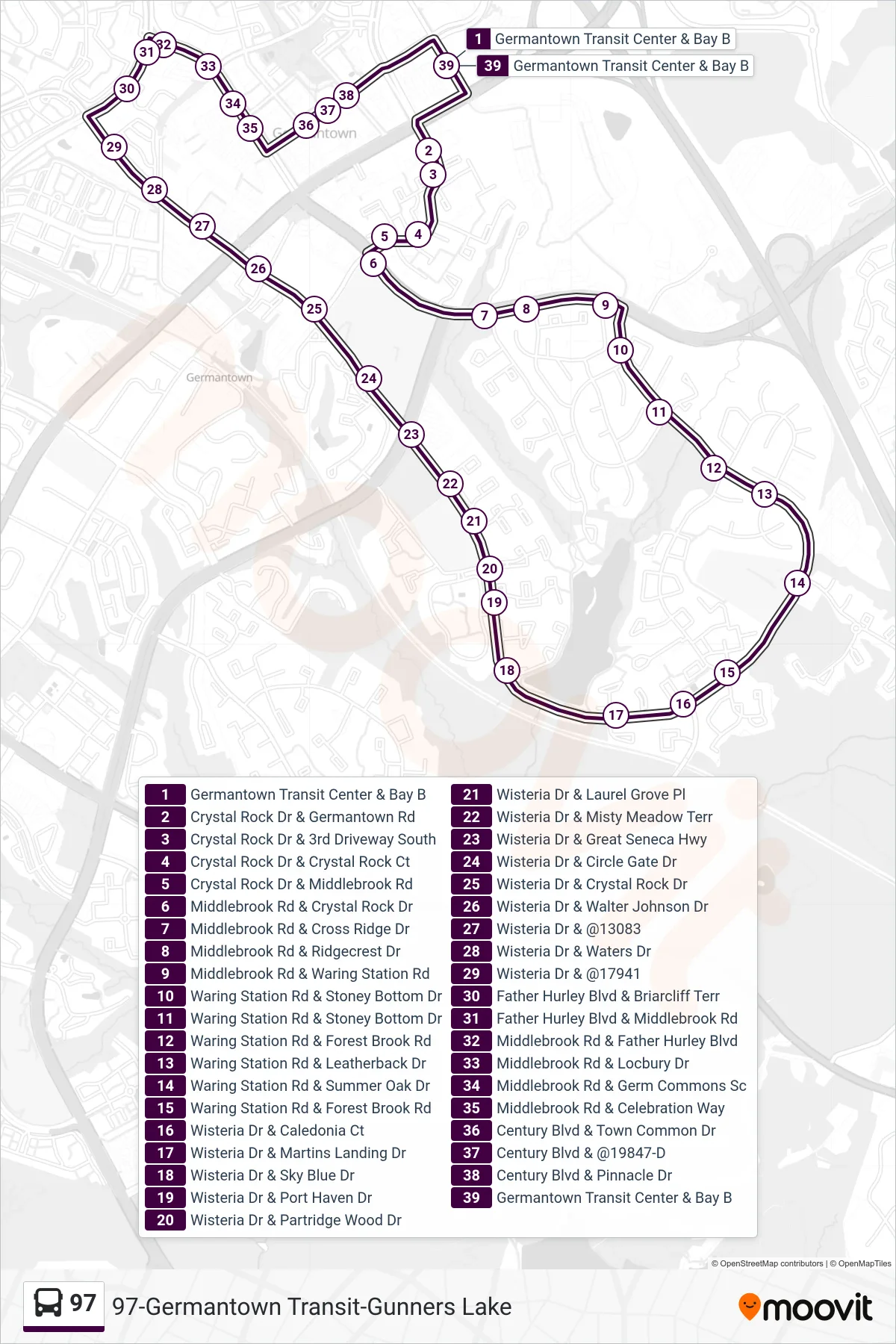 97 bus Line (Germantown Loop) route and stops on a map
