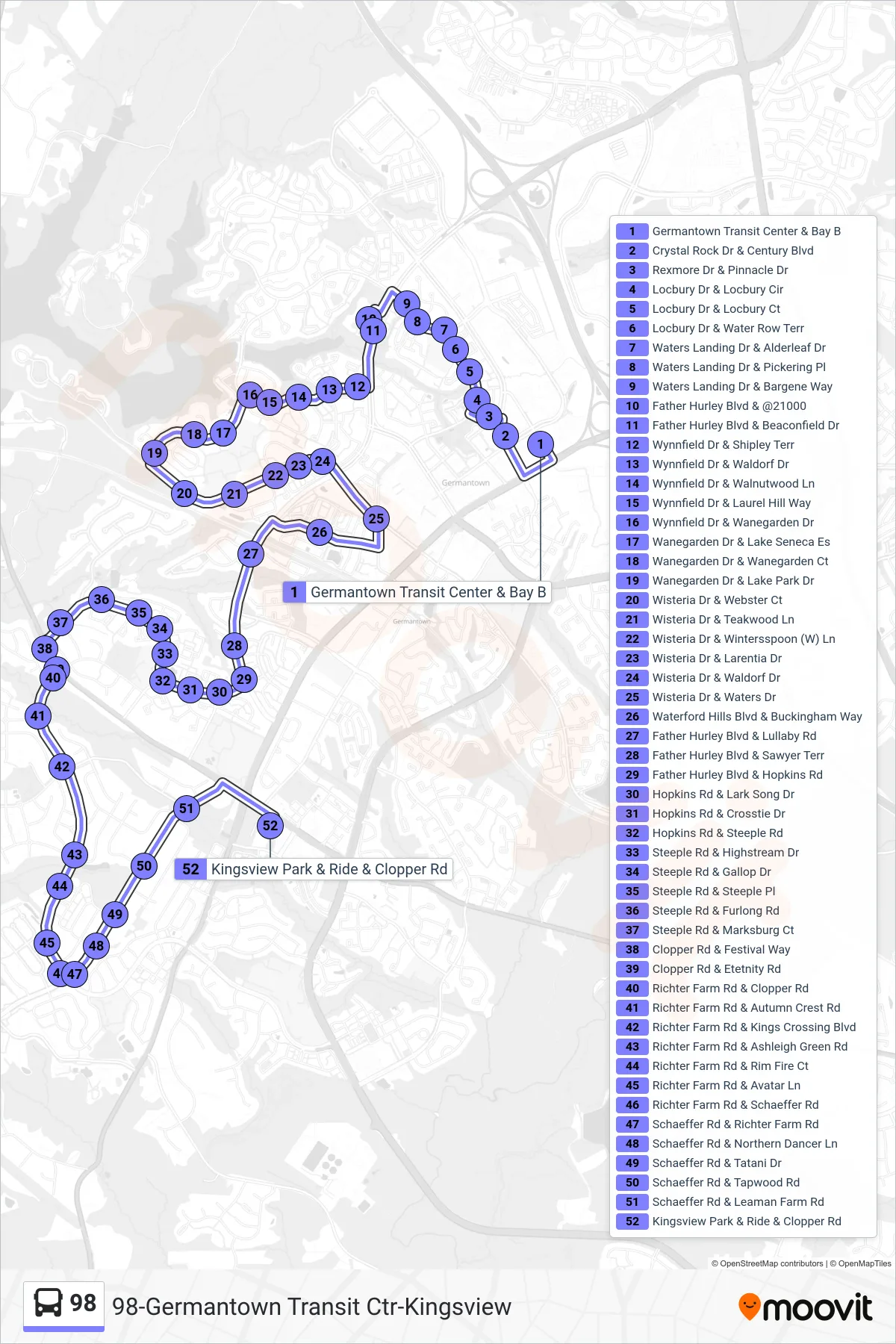 98 bus Line (Kingsview P & R) route and stops on a map