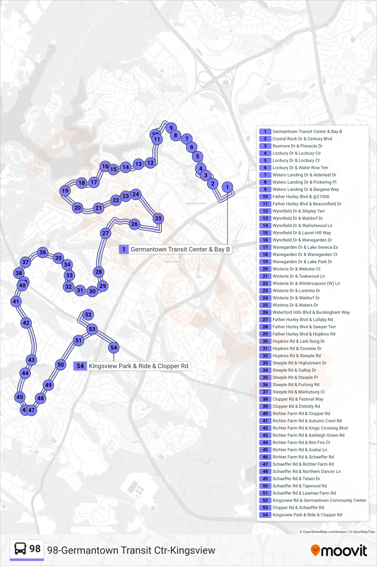 98 bus Line (Kingsview Via Gcc) route and stops on a map