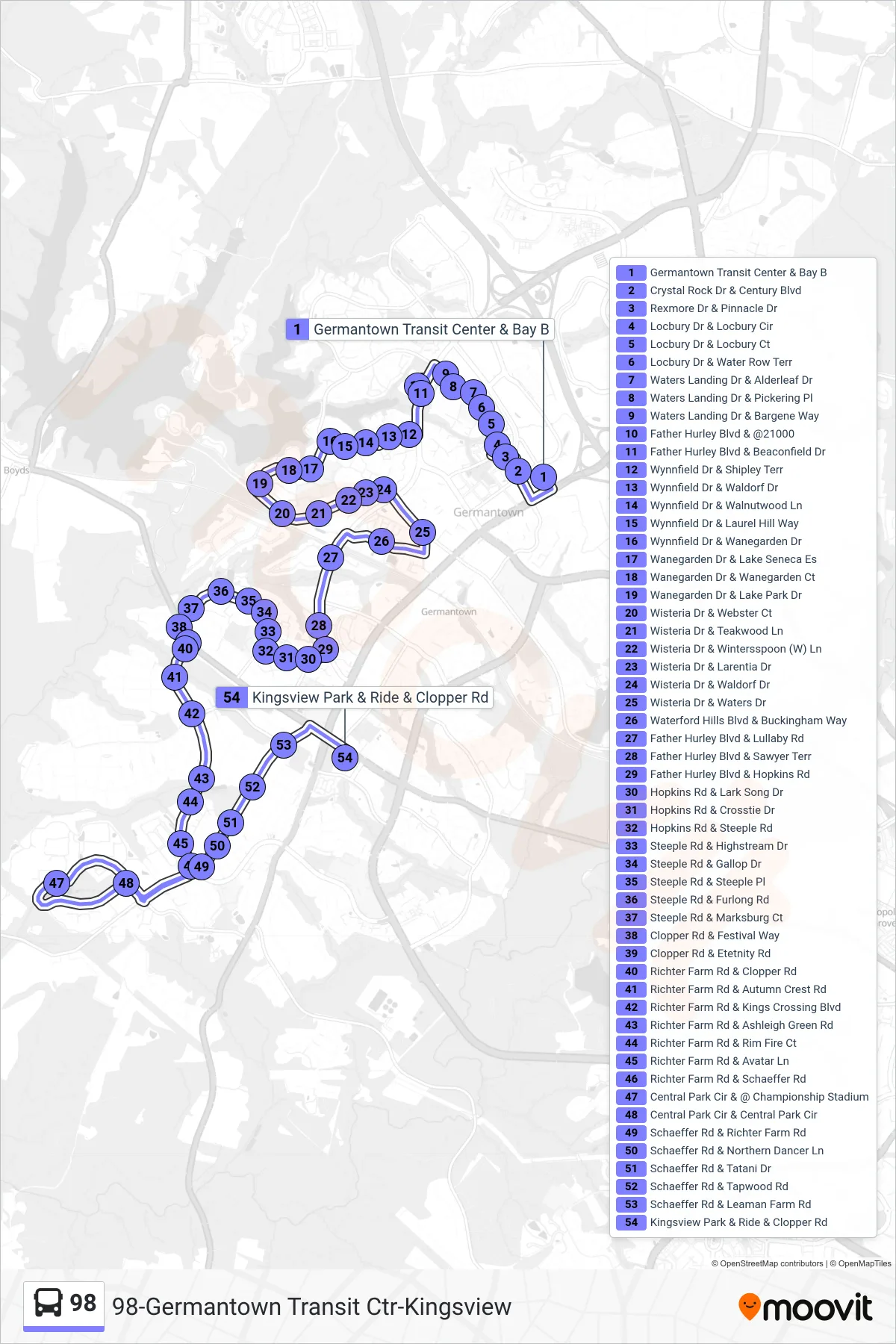 98 bus Line (Kingsview Soccerplex) route and stops on a map