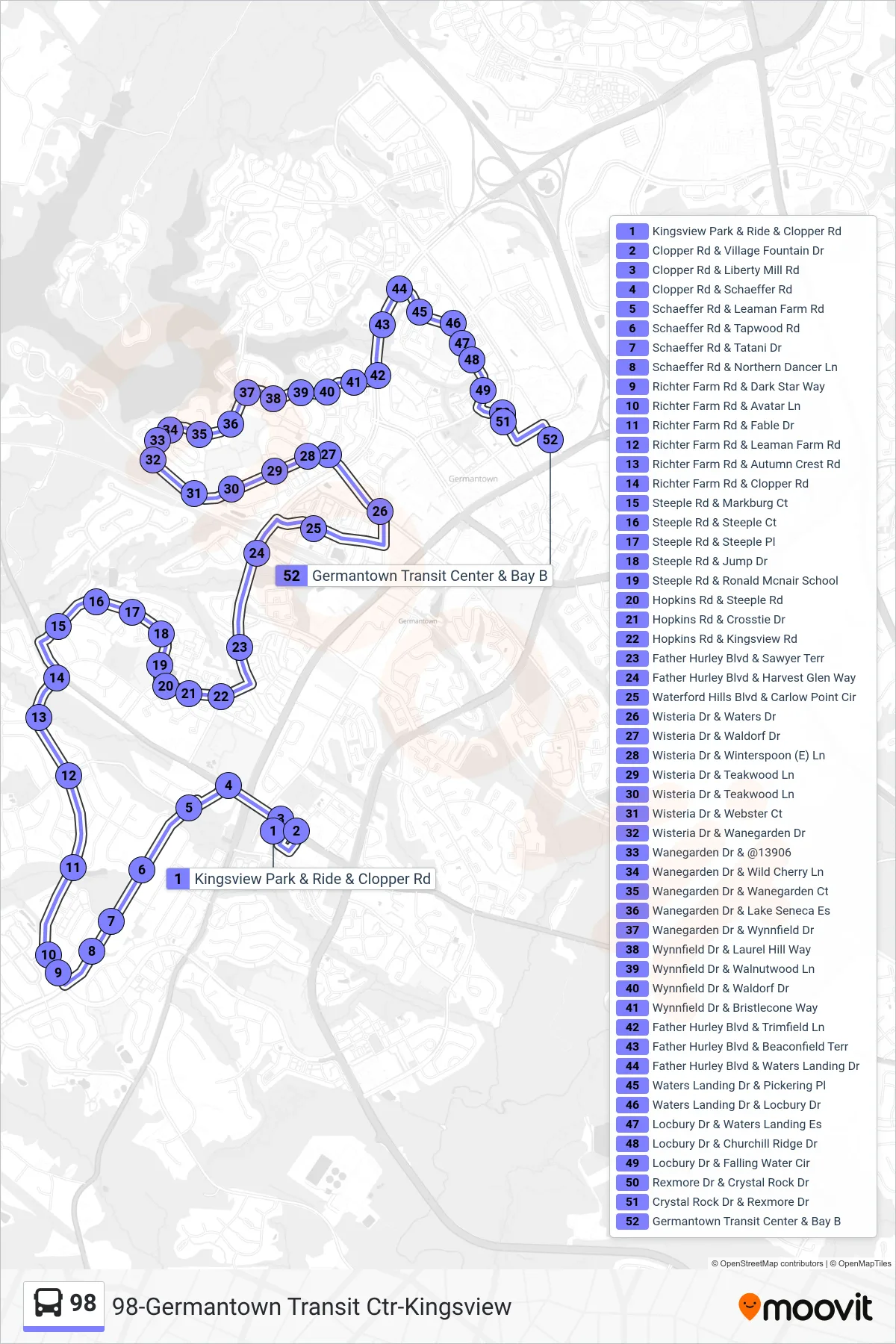98 bus Line (Germantown) route and stops on a map
