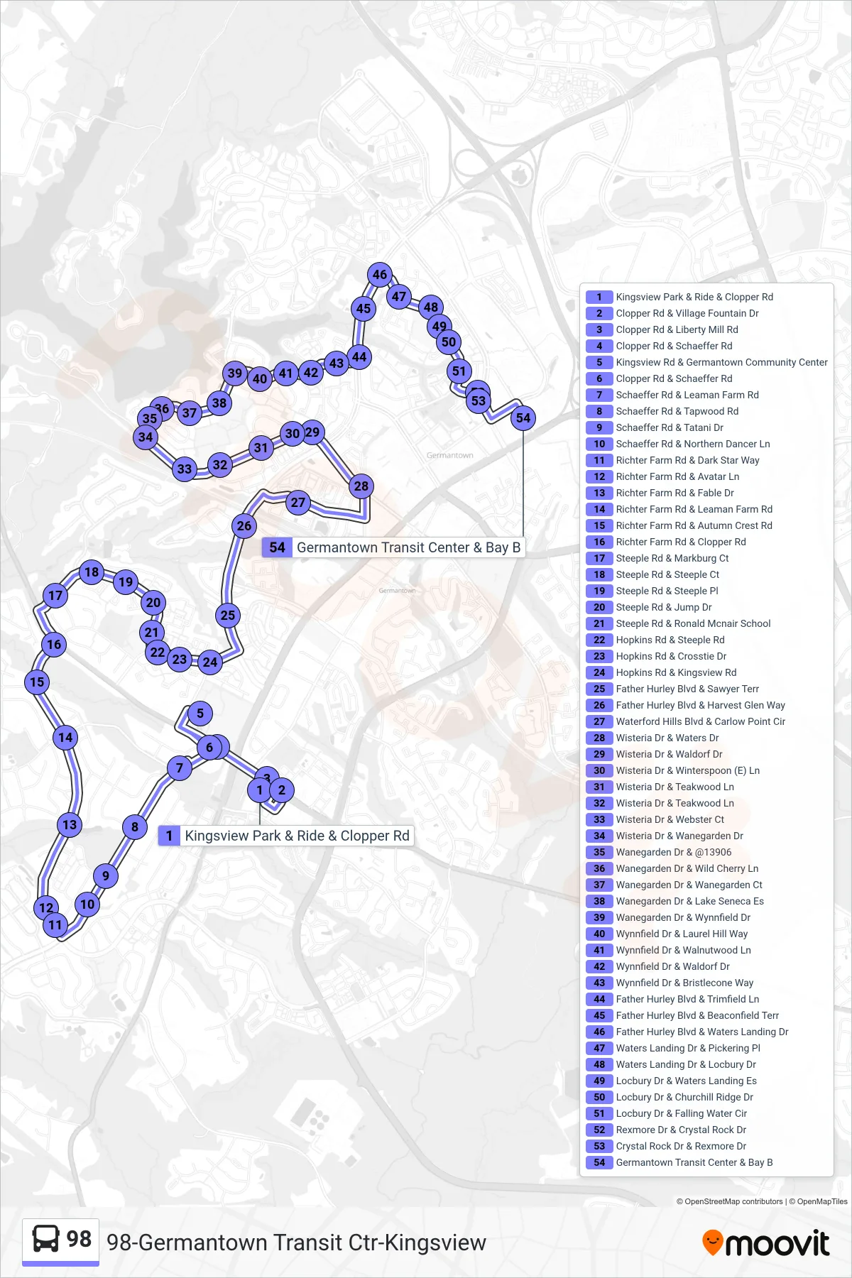 98 bus Line (Germantown Via Gcc) route and stops on a map