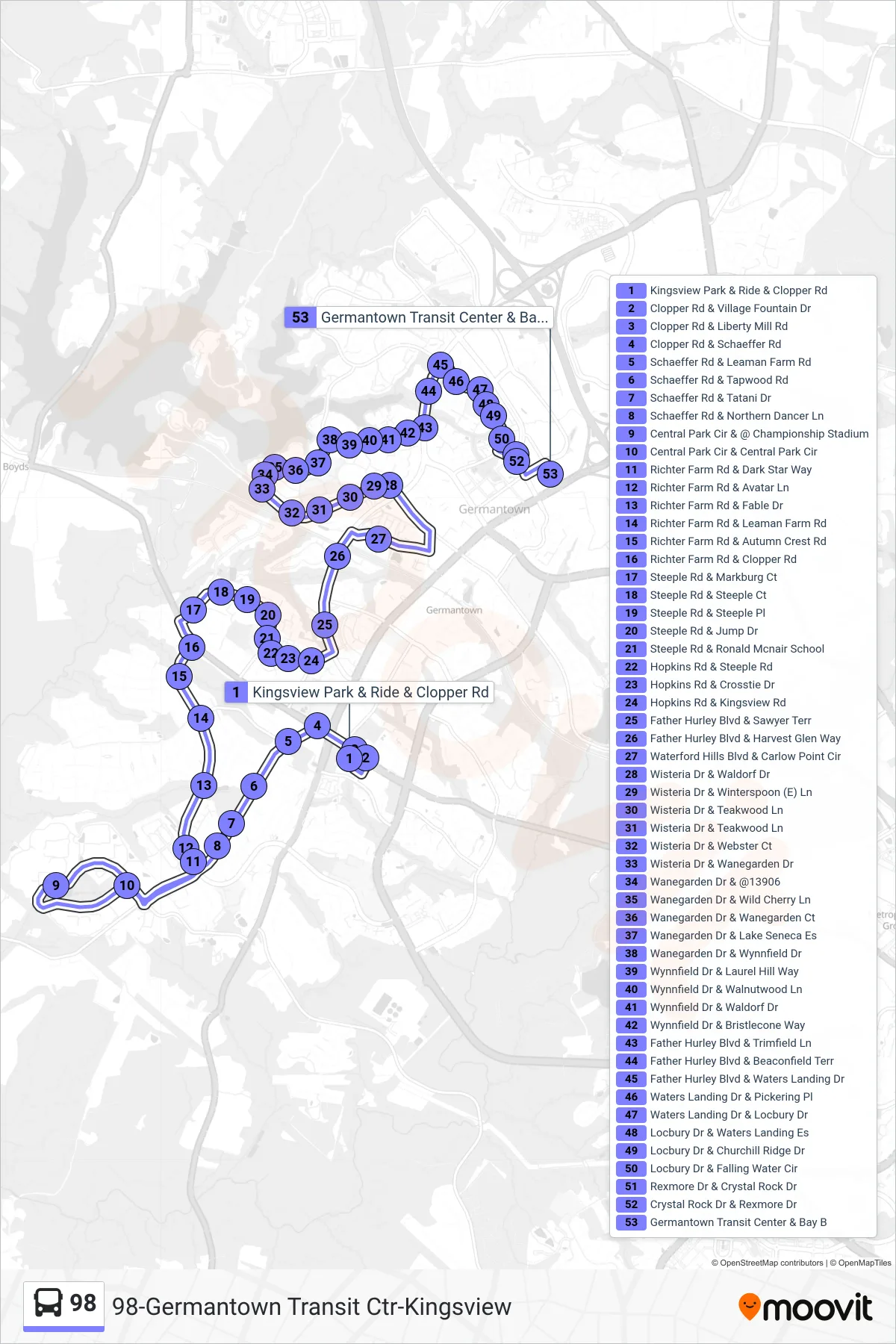 98 bus Line (Germantown Soccerplex) route and stops on a map