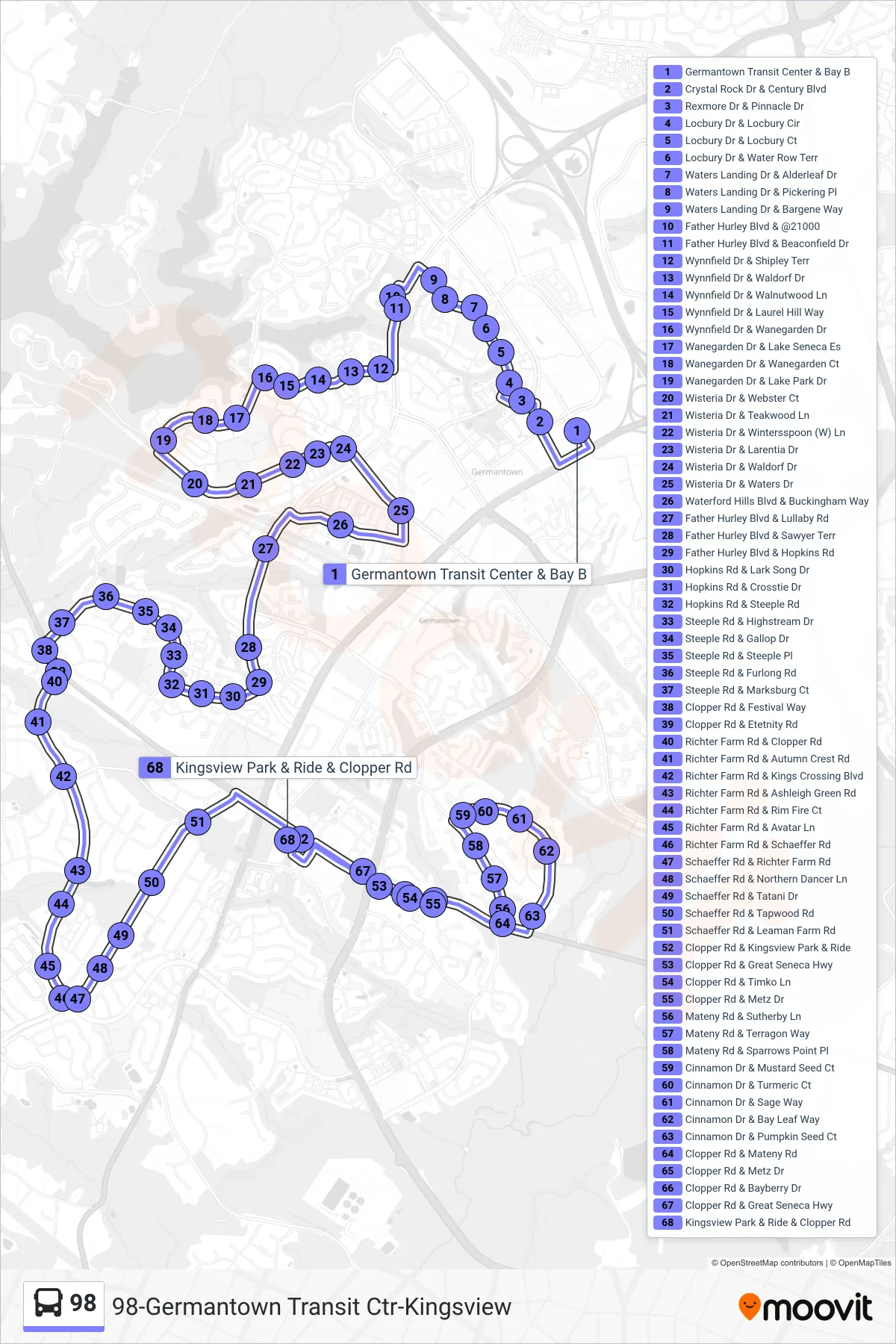 98 bus Line (Kingsview Via Germantown Park) route and stops on a map
