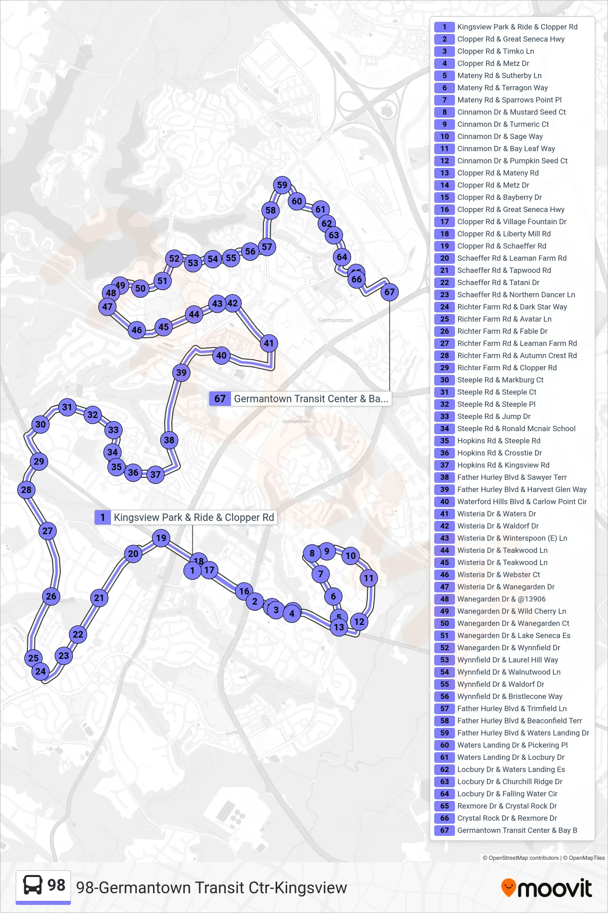 98 bus Line (Germantown Via Germantown Park) route and stops on a map