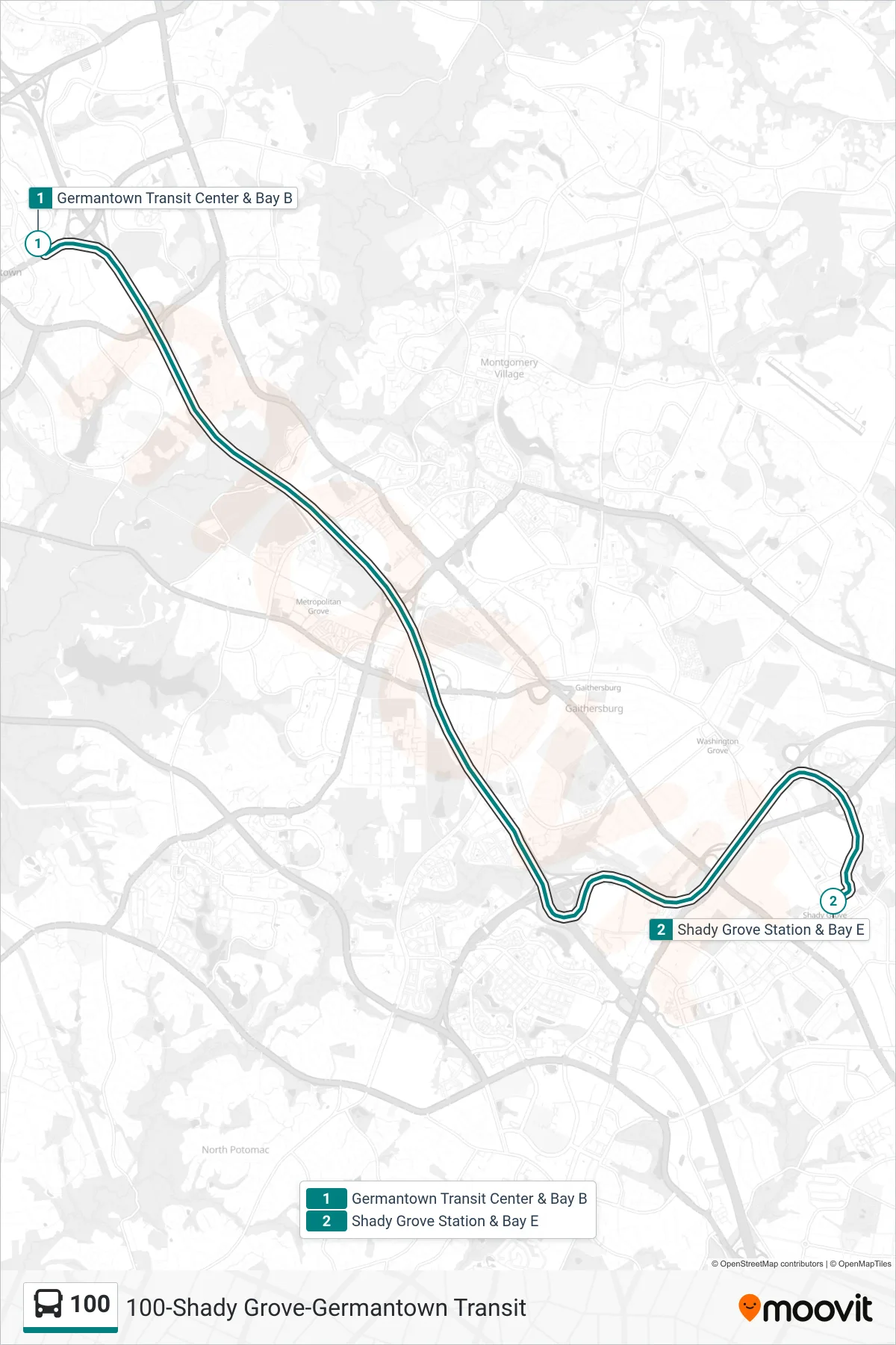 100 bus Line (Shady Grove Express) route and stops on a map