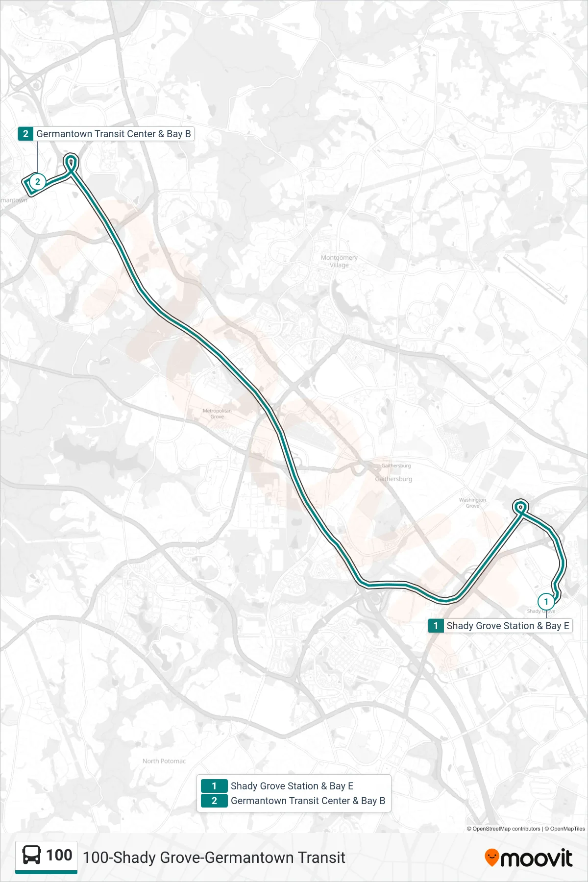 100 bus Line (Germantown Transit Center Express) route and stops on a map