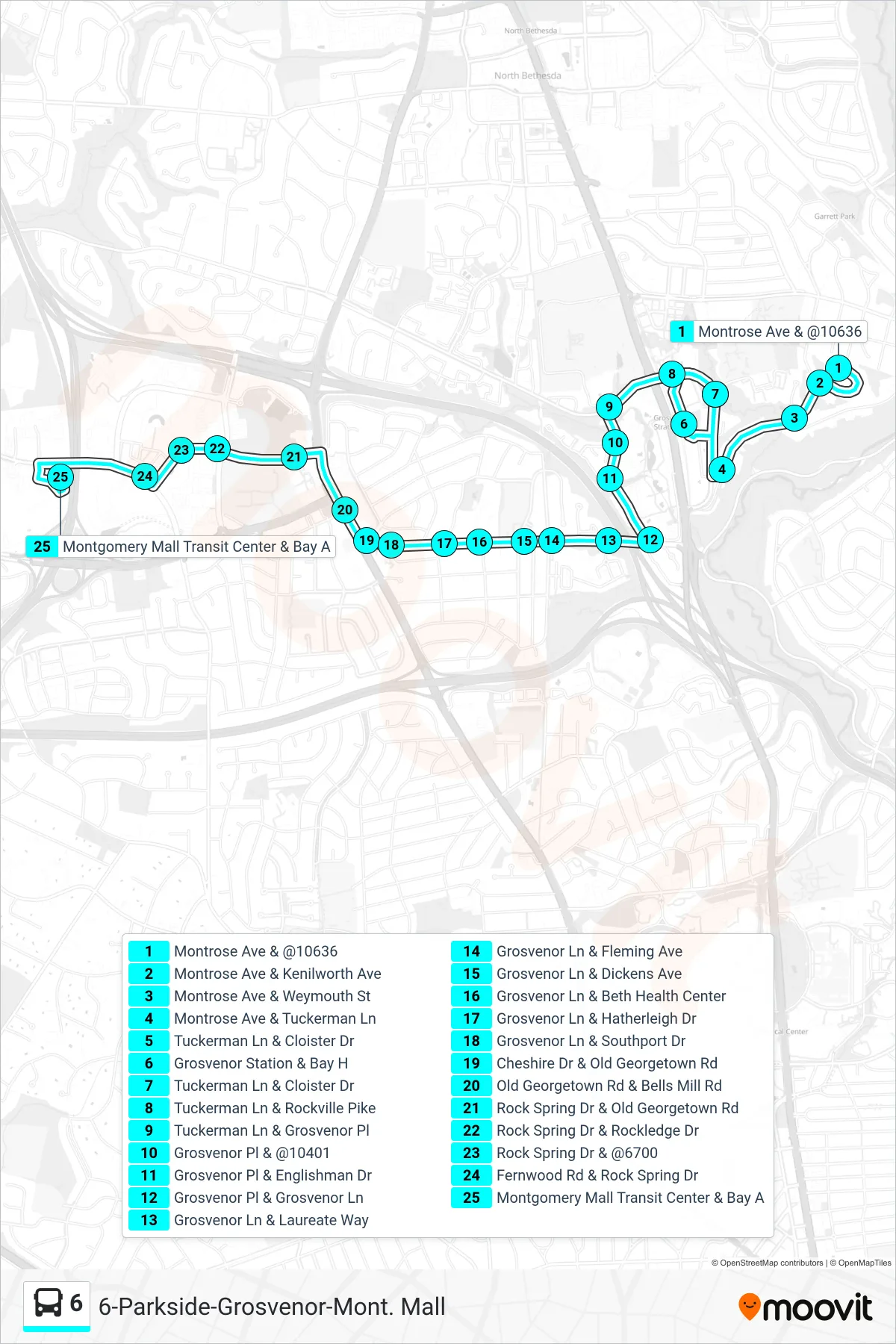 6 bus Line (Montgomery Mall Via Grosvenor) route and stops on a map