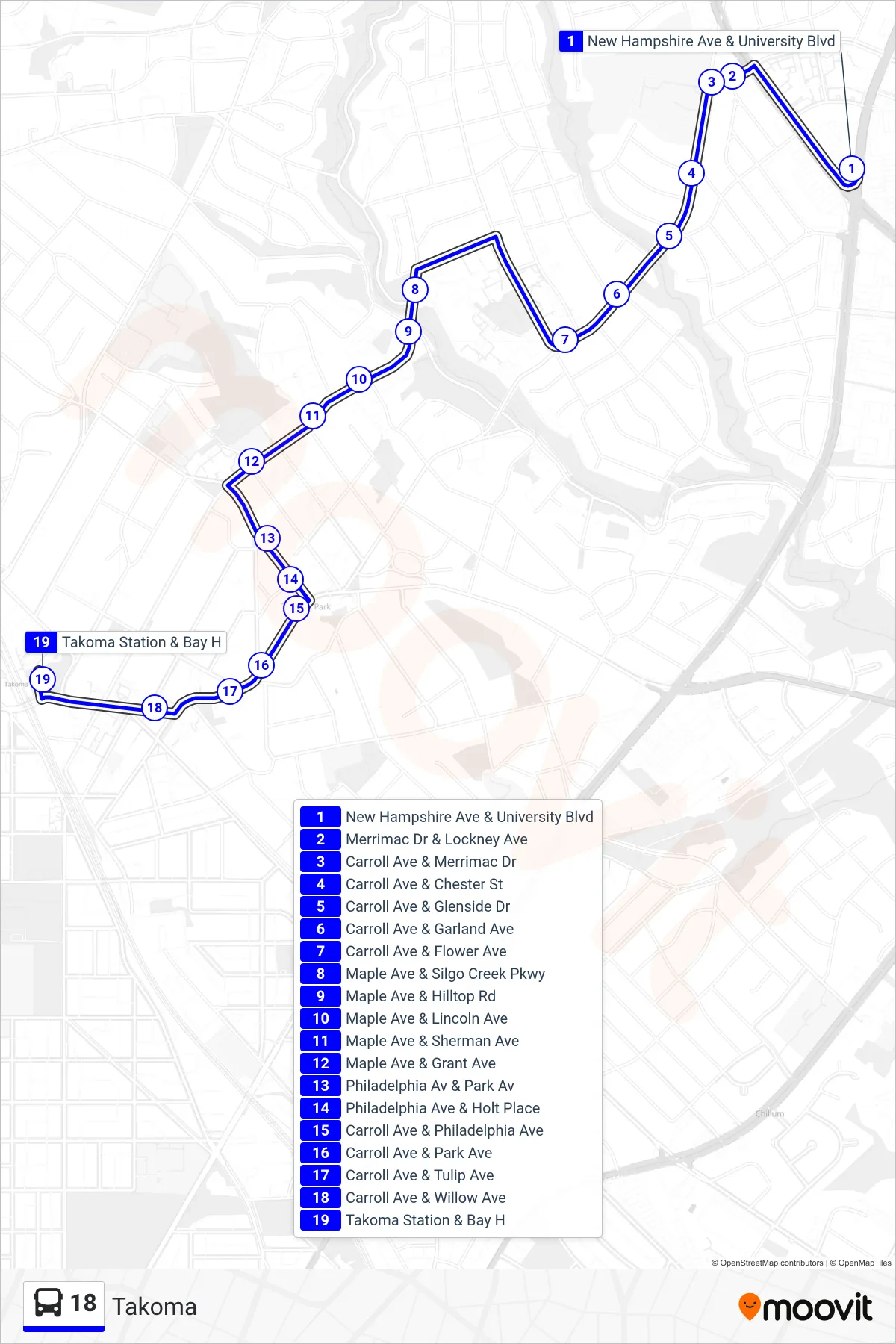 18 bus Line (Takoma) route and stops on a map
