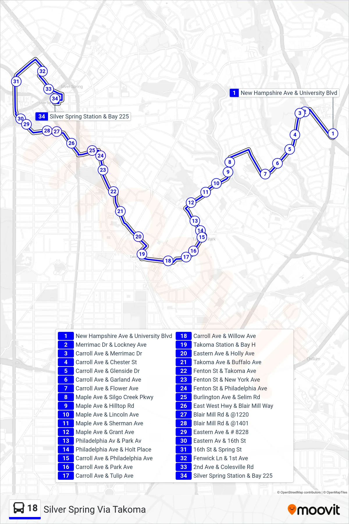 18 bus Line (Silver Spring Via Takoma) route and stops on a map