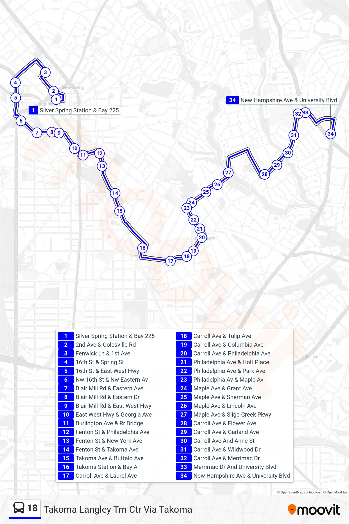 18 bus Line (Takoma Langley Trn Ctr Via Takoma) route and stops on a map